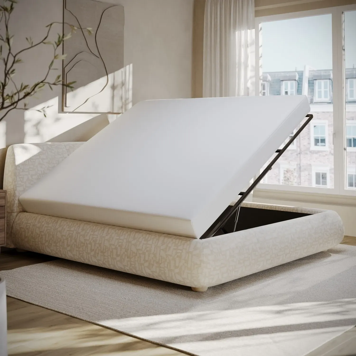 Super King Side-Lift Ottoman Bed - Cream, Fabric