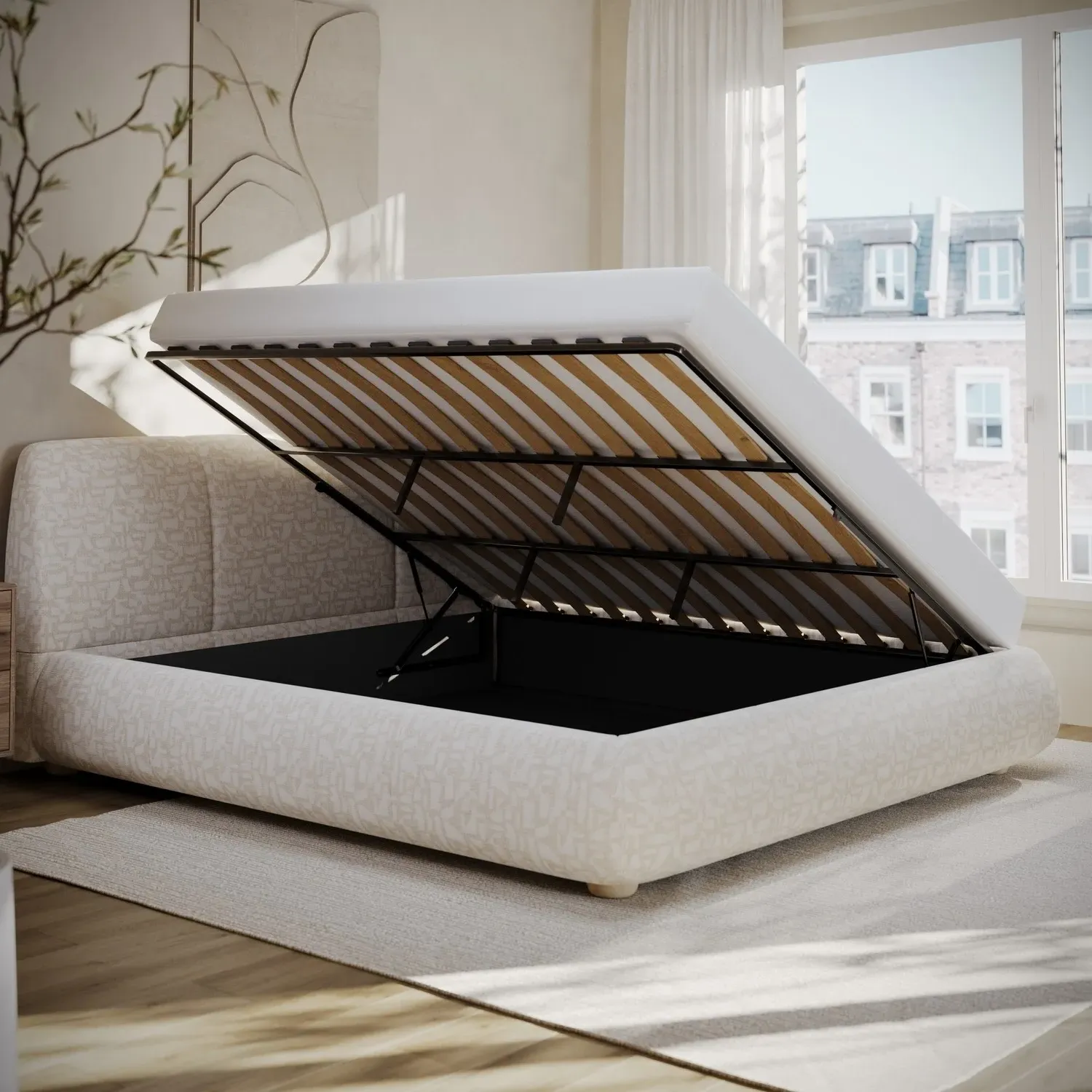 Super King Side-Lift Ottoman Bed - Cream, Fabric