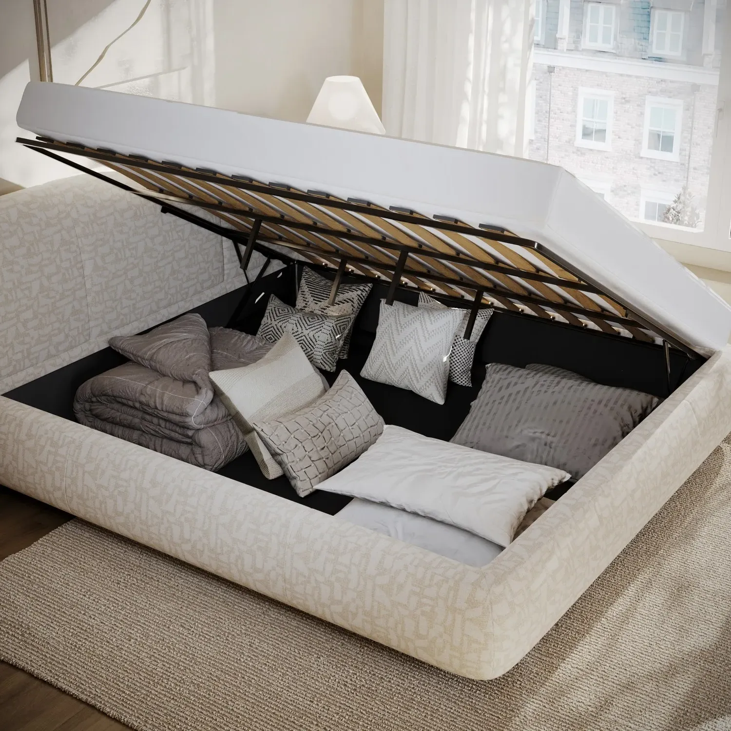 Super King Side-Lift Ottoman Bed - Cream, Fabric
