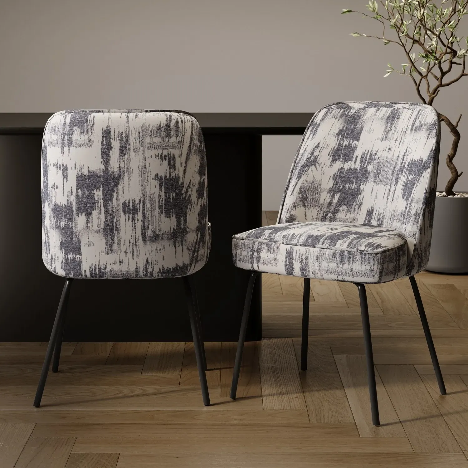 Set of 2 Curved Dining Chairs - Grey, Jacquard