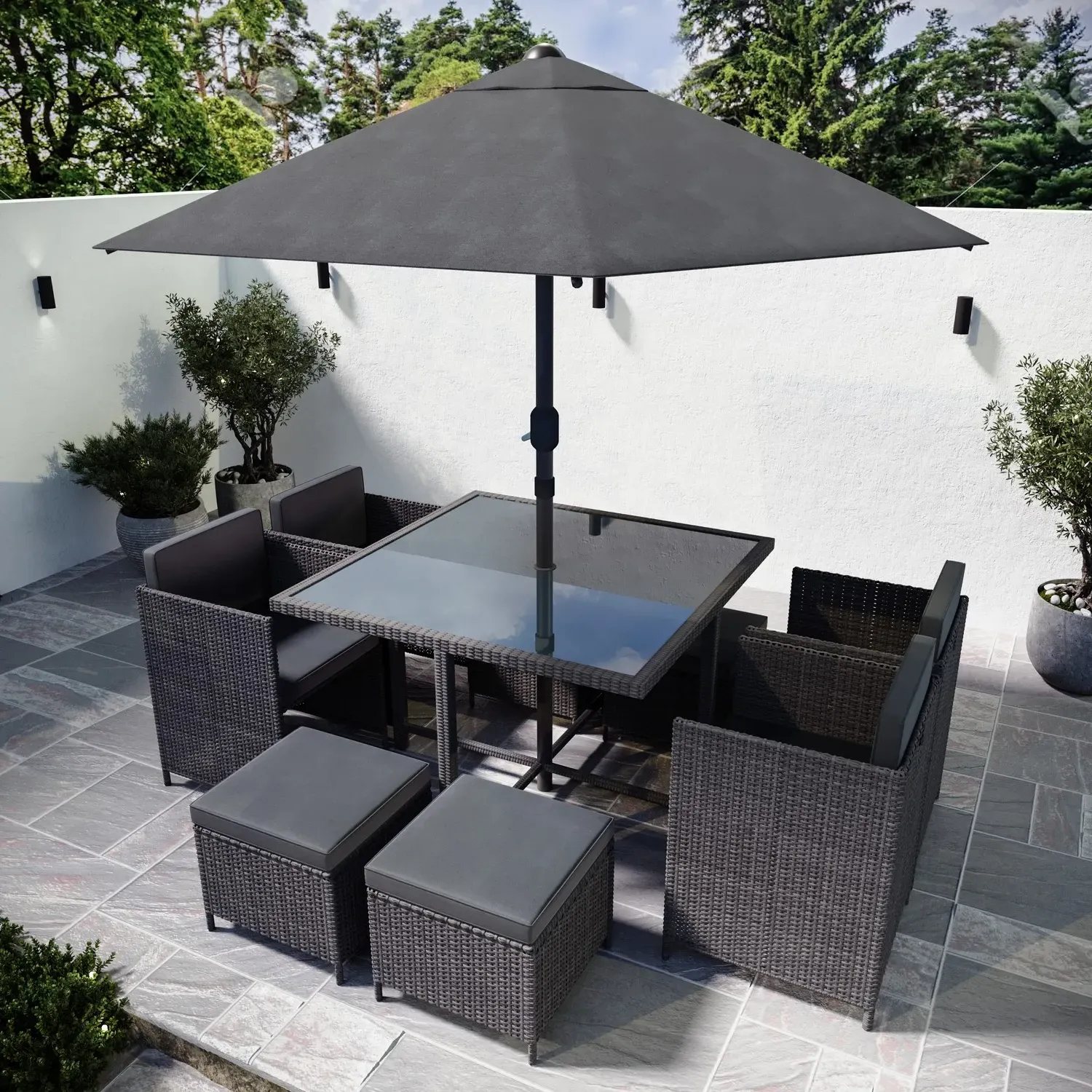 8-Seater Cube Dining Set with Parasol - Charcoal