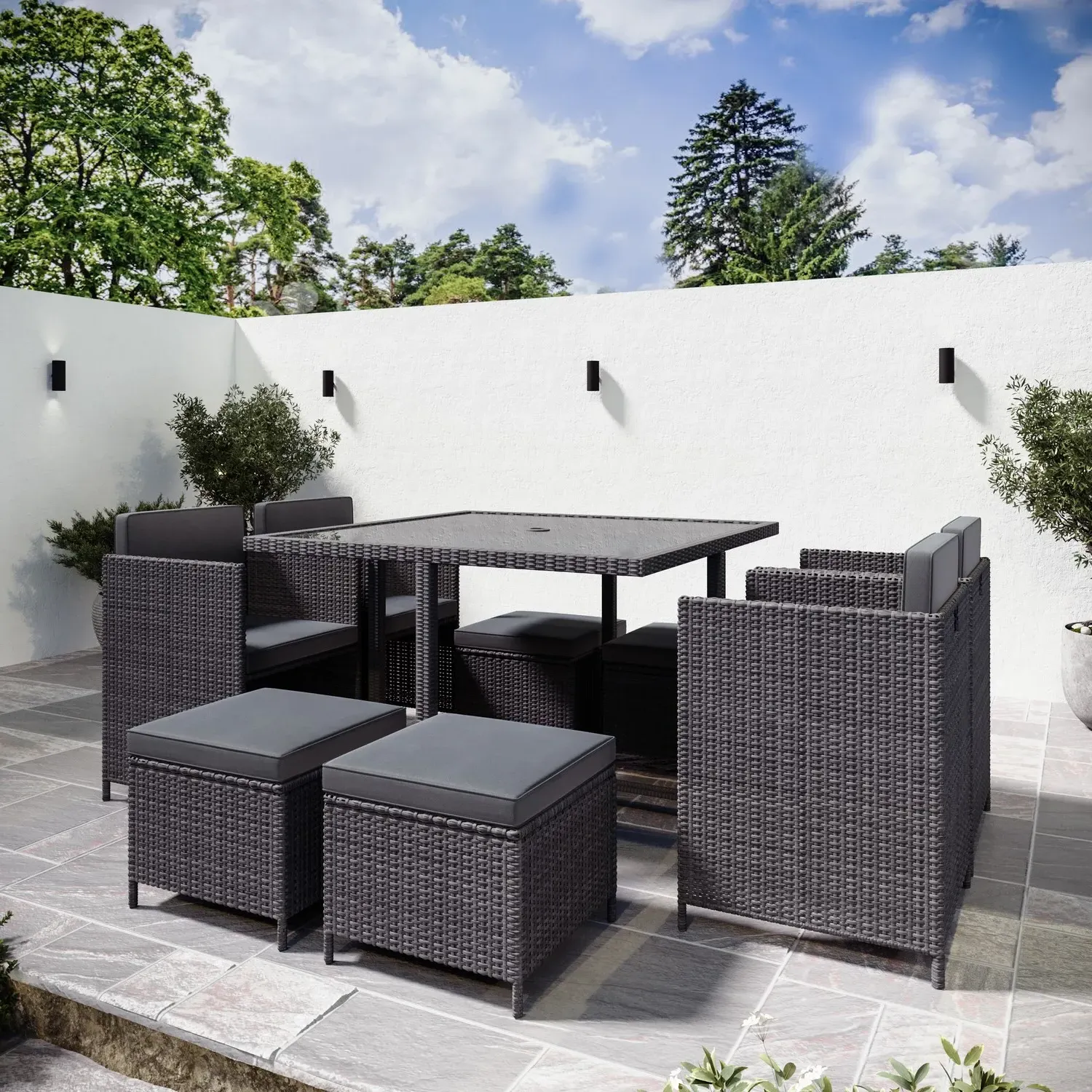 8-Seater Cube Dining Set with Parasol - Charcoal