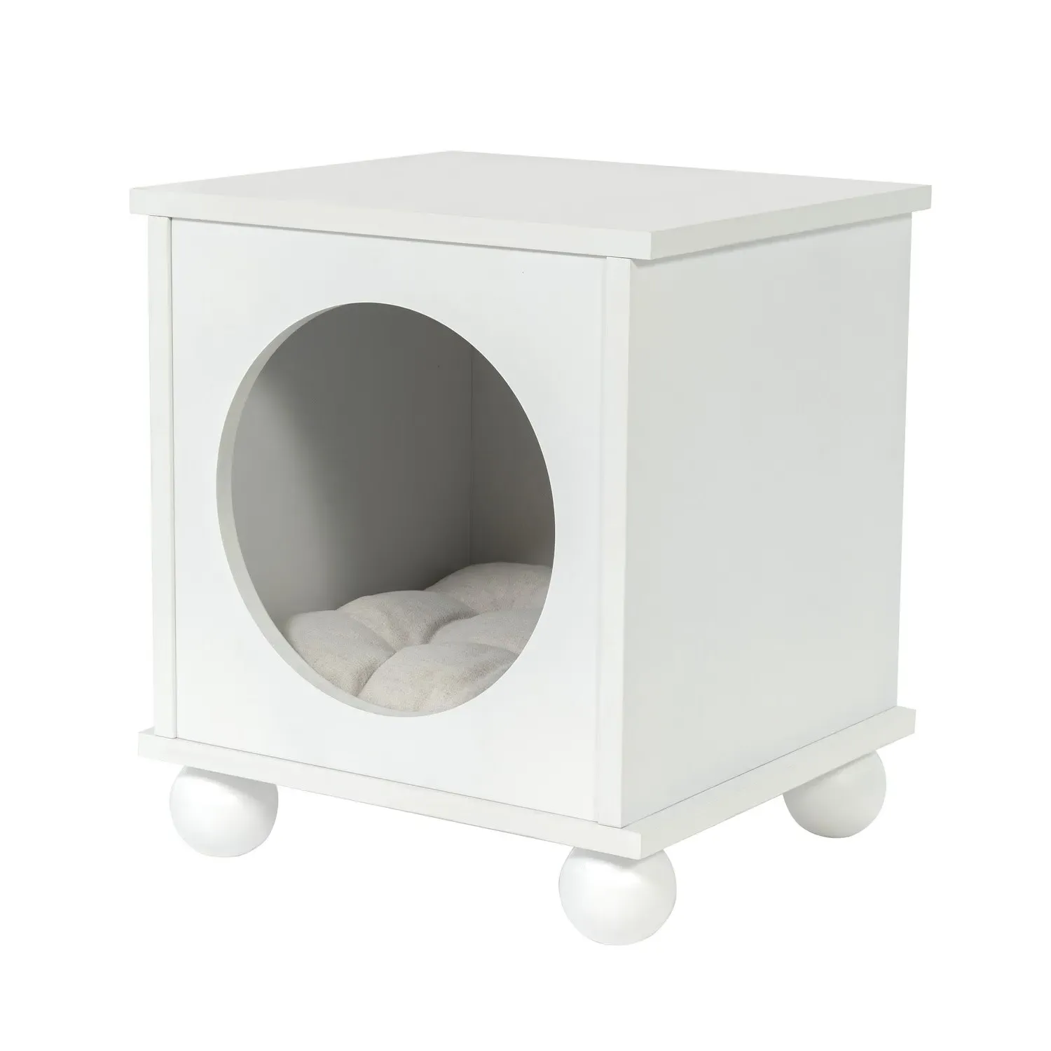 Cat House Side Table with Cushion - White, Wood