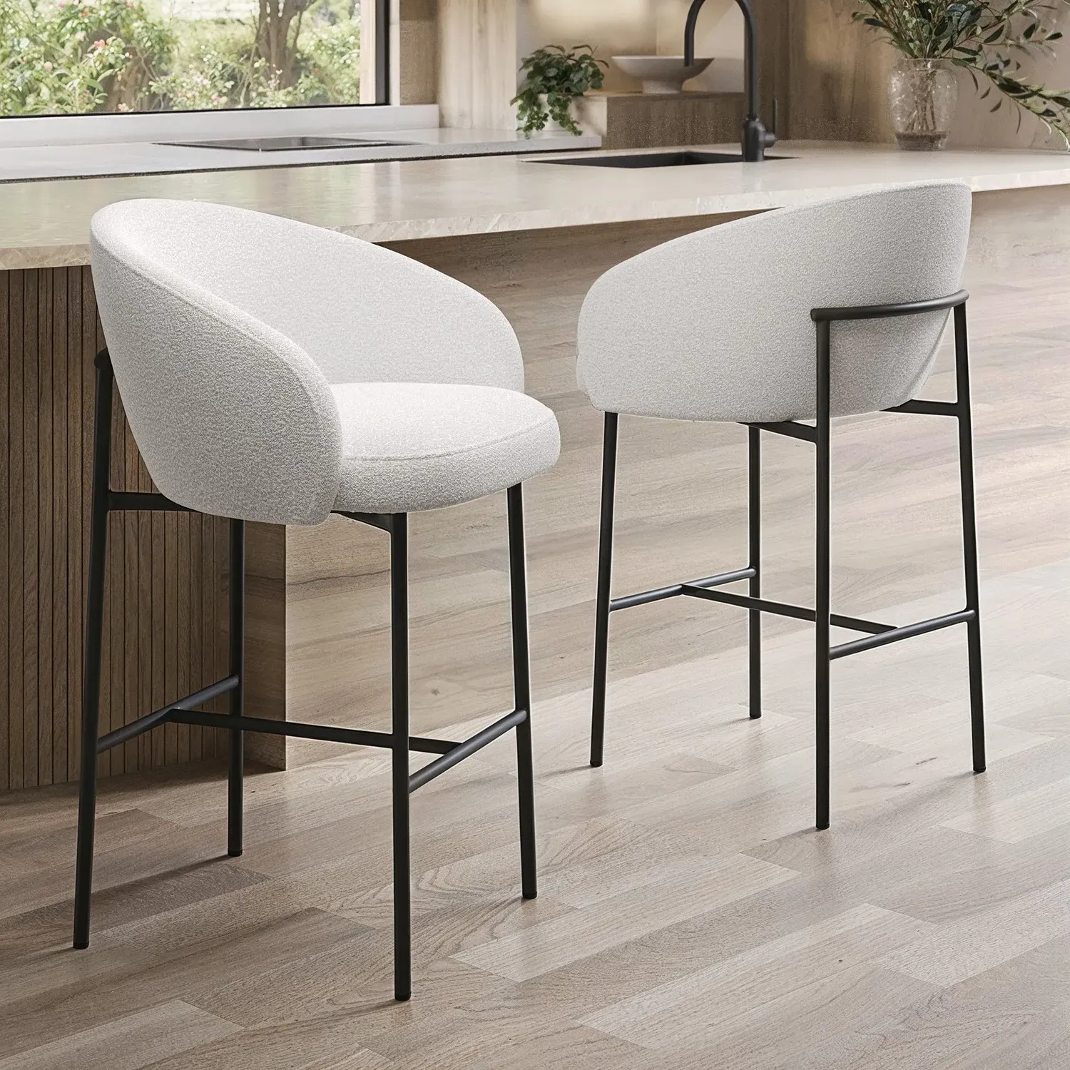 Set of 2 Kitchen Stools with Back - White, Boucle image