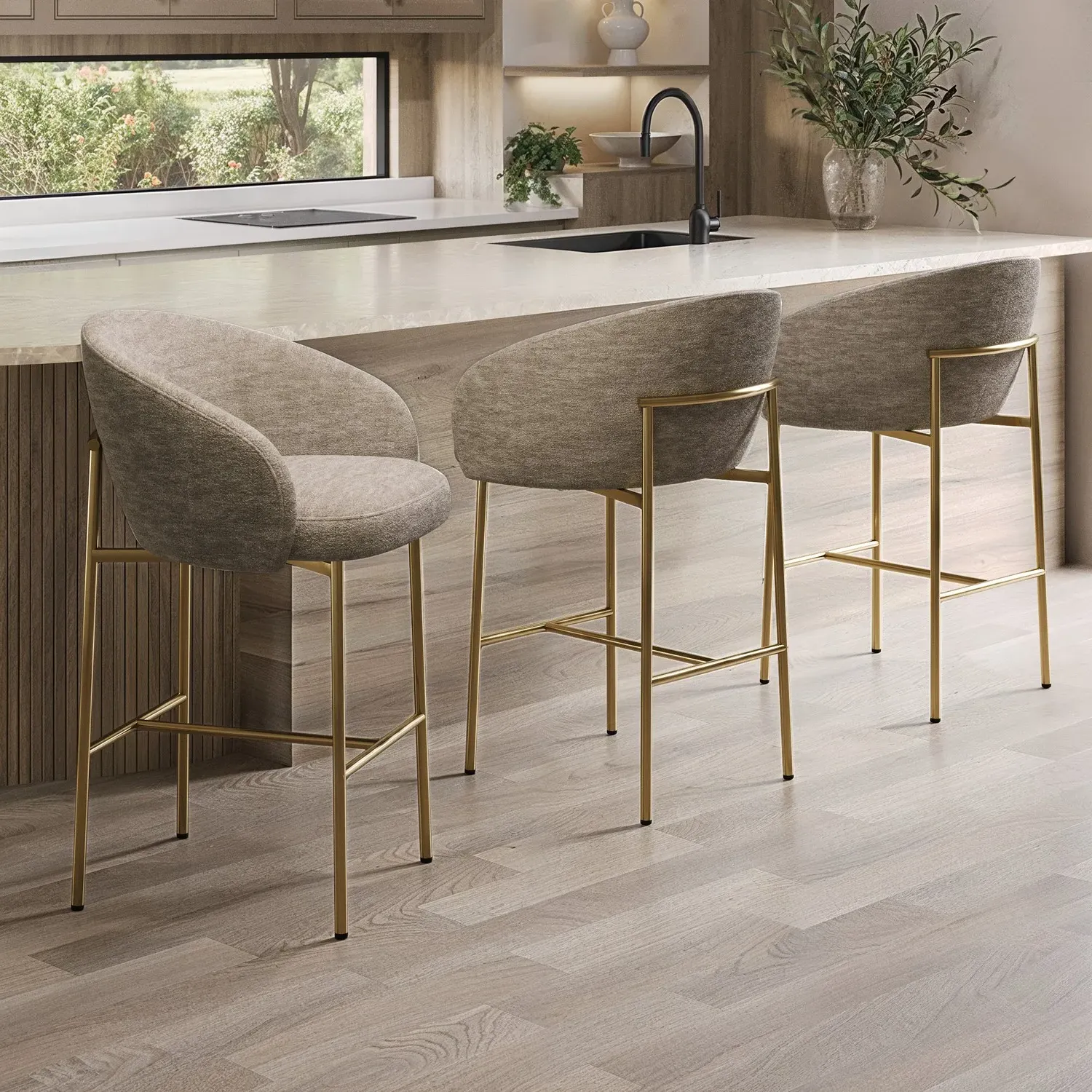 Set of 3 Kitchen Stools with Back - Beige, Fabric