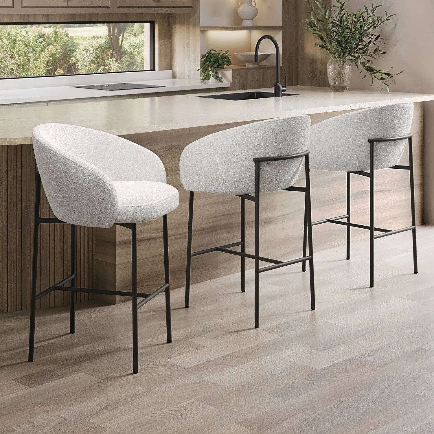 Set of 3 Kitchen Stools with Back - White, Boucle