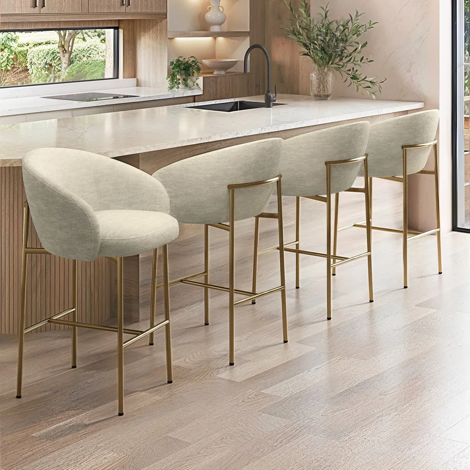 Set of 4 Kitchen Stools with Back - Cream, Fabric