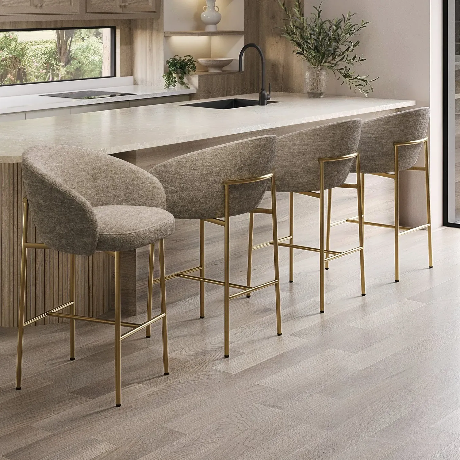 Set of 4 Kitchen Stools with Back - Mink, Fabric