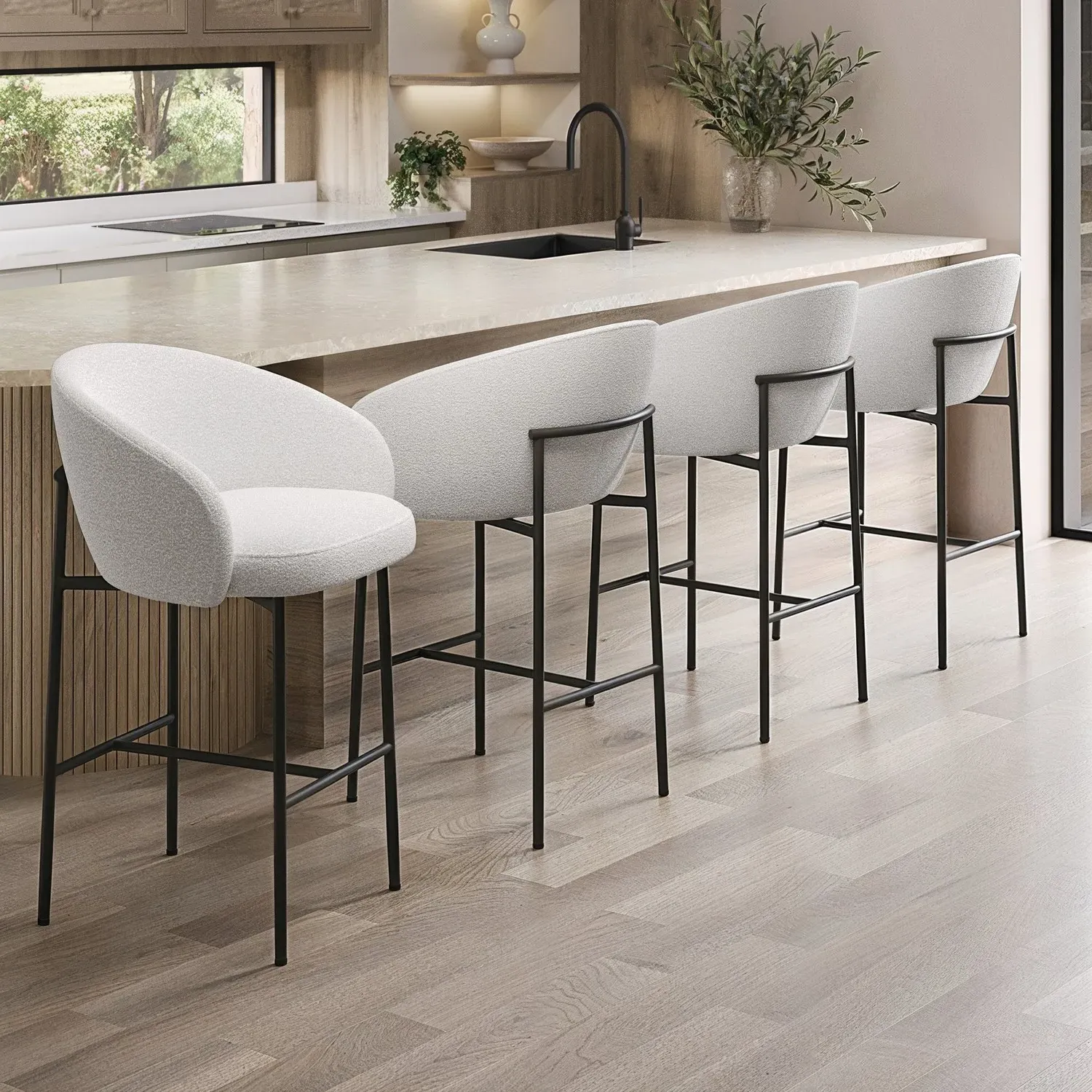 Set of 4 Kitchen Stools with Back - White, Boucle