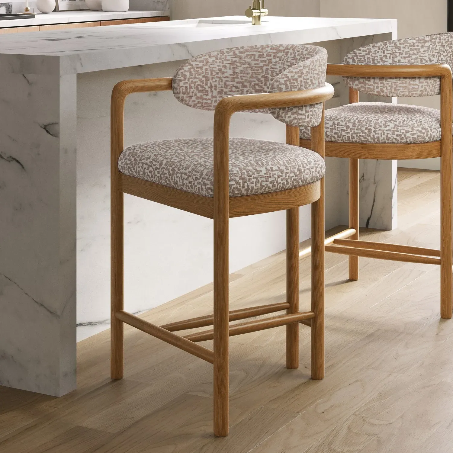 Counter Stool with Exposed Back - Beige, Jacquard