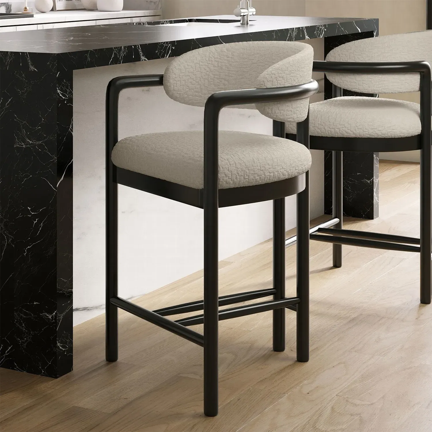 Kitchen Stool with Armrests - Cream, Fabric