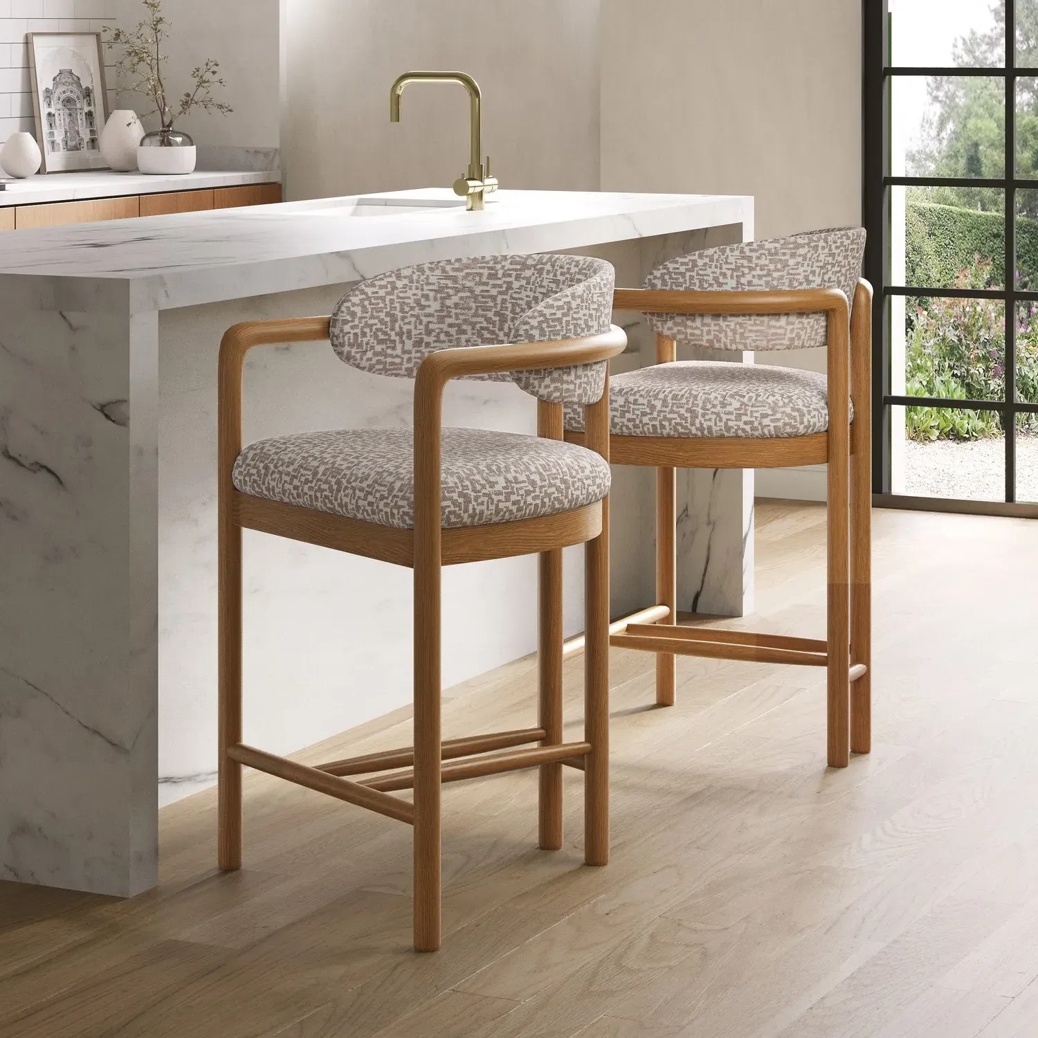 Set of 2 Counter Stools with Armrests - Beige, Fabric