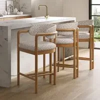 Set of 3 Counter Stools with Armrests - Beige, Fabric