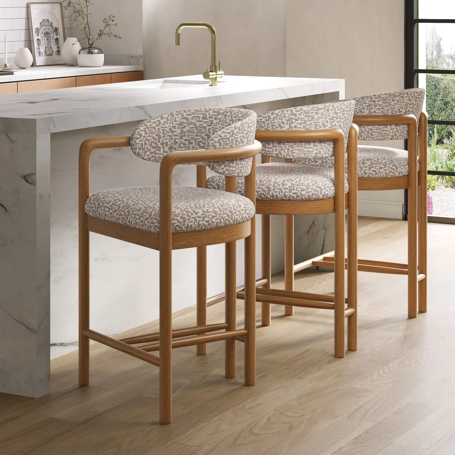 Set of 3 Counter Stools with Armrests - Beige, Fabric