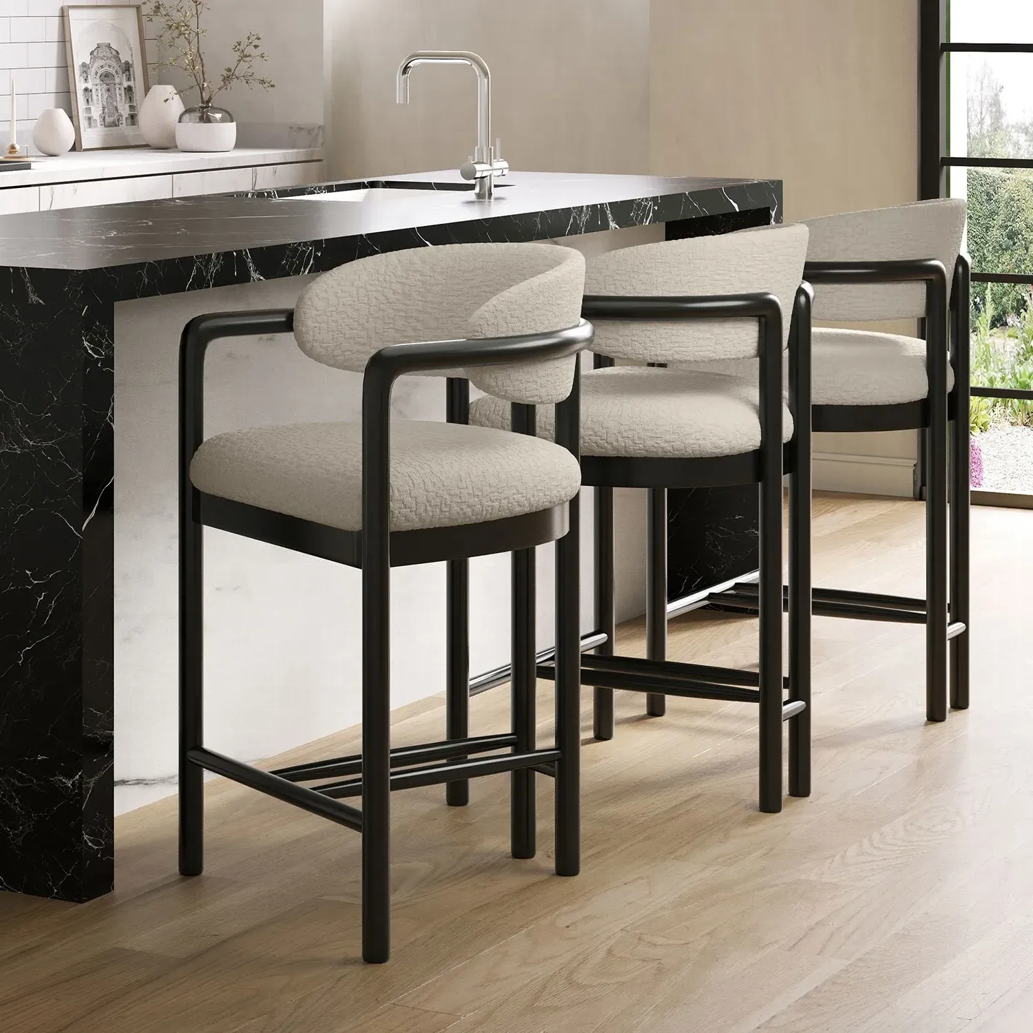 Set of 3 Counter Stools with Arms - Cream, Fabric