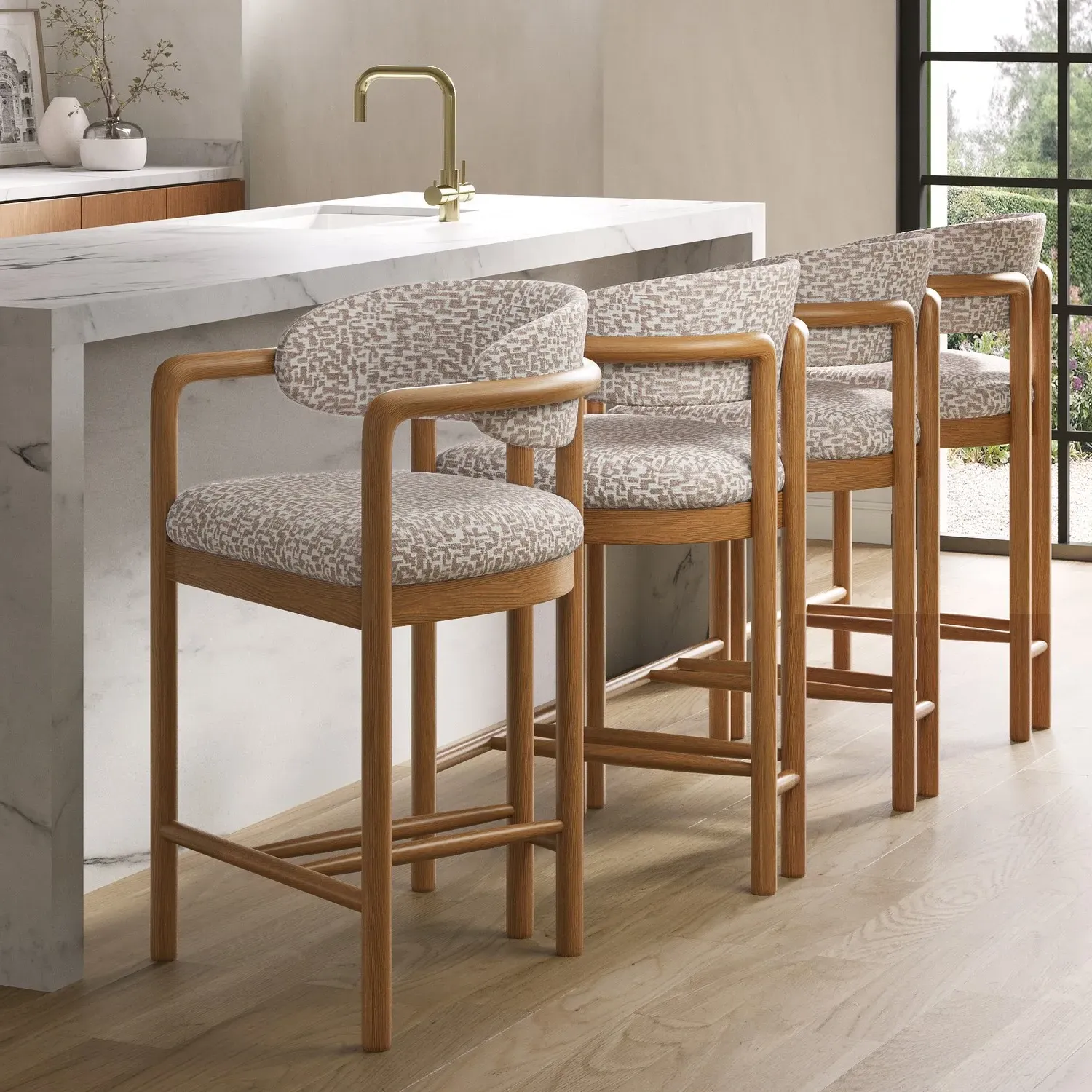 Set of 4 Counter Stools with Armrests - Beige, Fabric