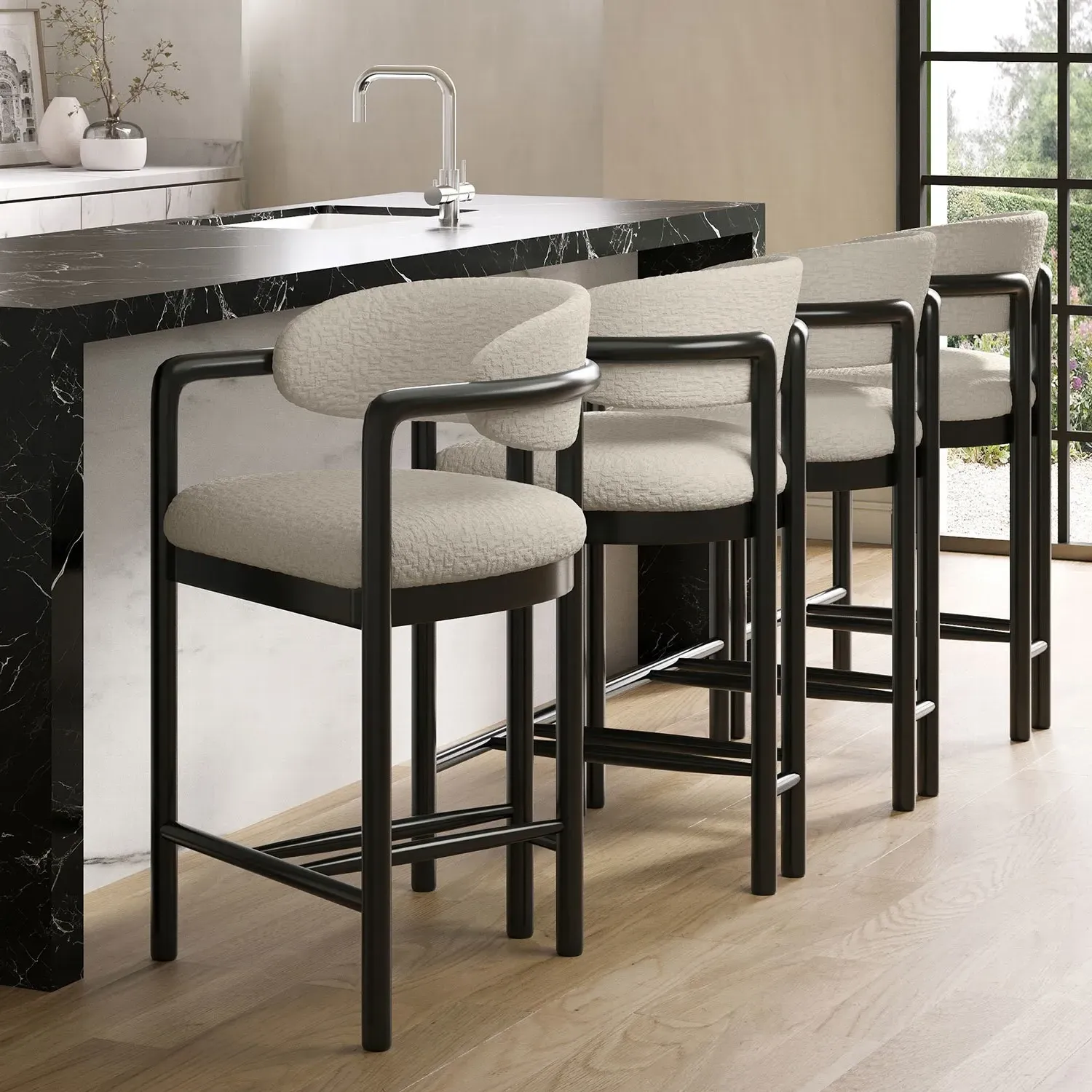 Set of 4 Counter Stools with Arms - Cream, Fabric
