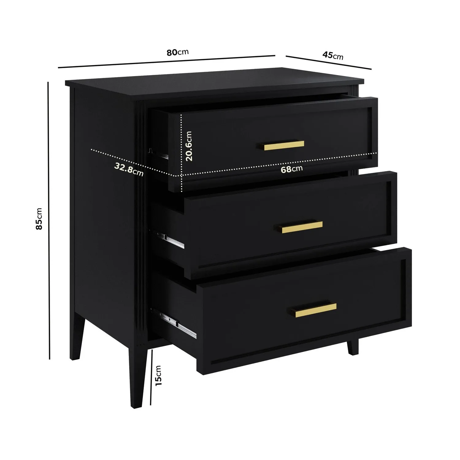 3-Drawer Chest with Fluted Details - Black, Pine