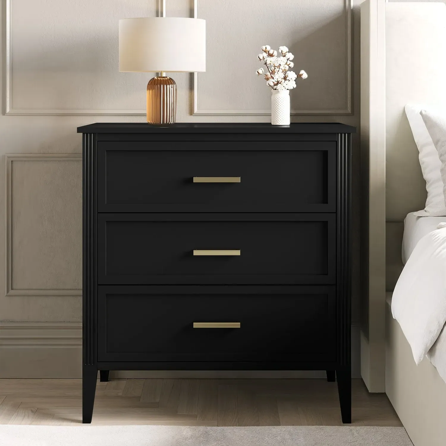 3-Drawer Chest with Fluted Details - Black, Pine image
