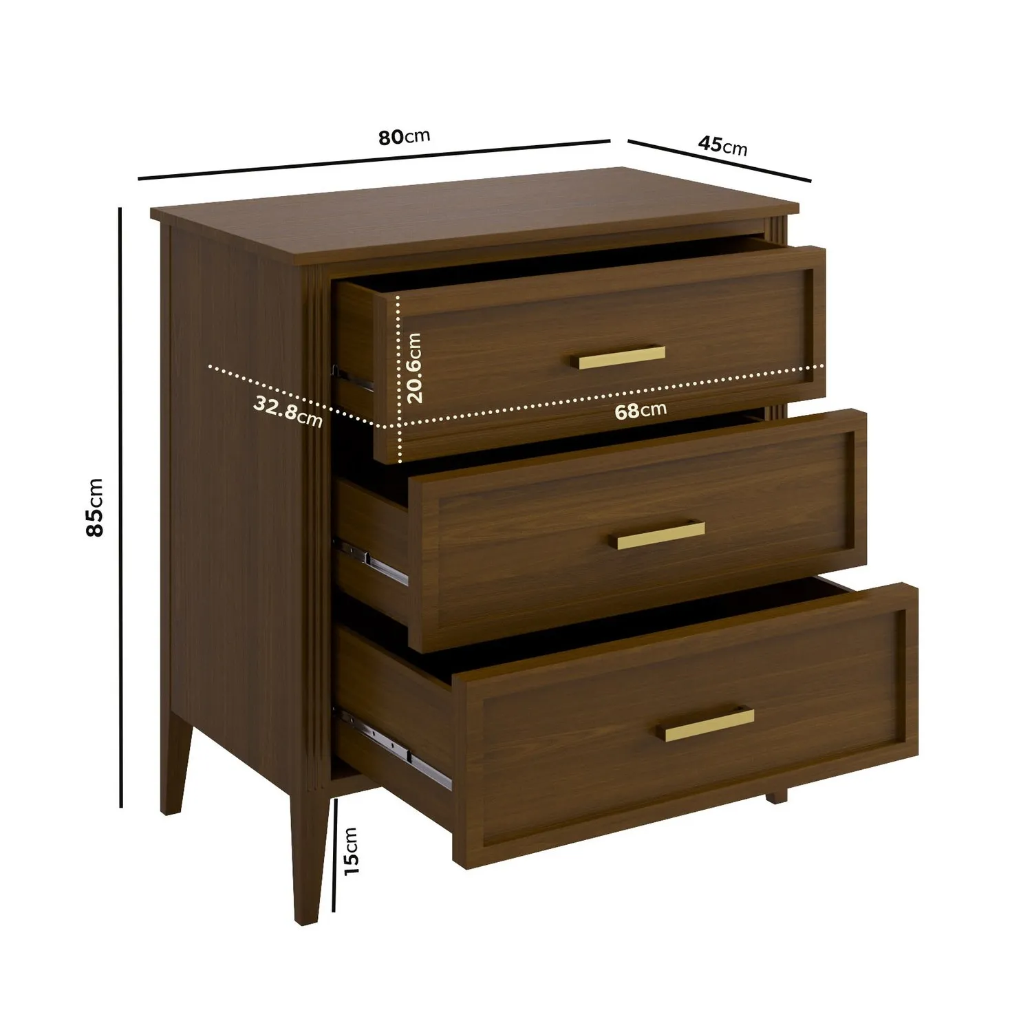 3-Drawer Chest with Fluted Details - Walnut, Pine