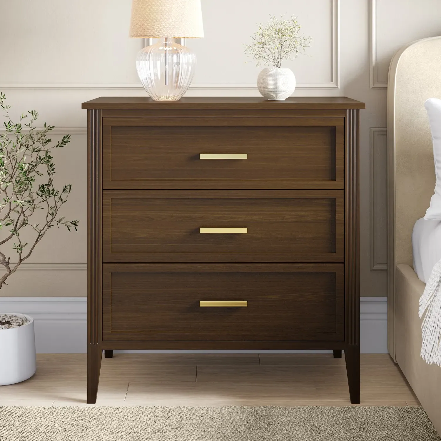 3-Drawer Chest with Fluted Details - Walnut, Pine image
