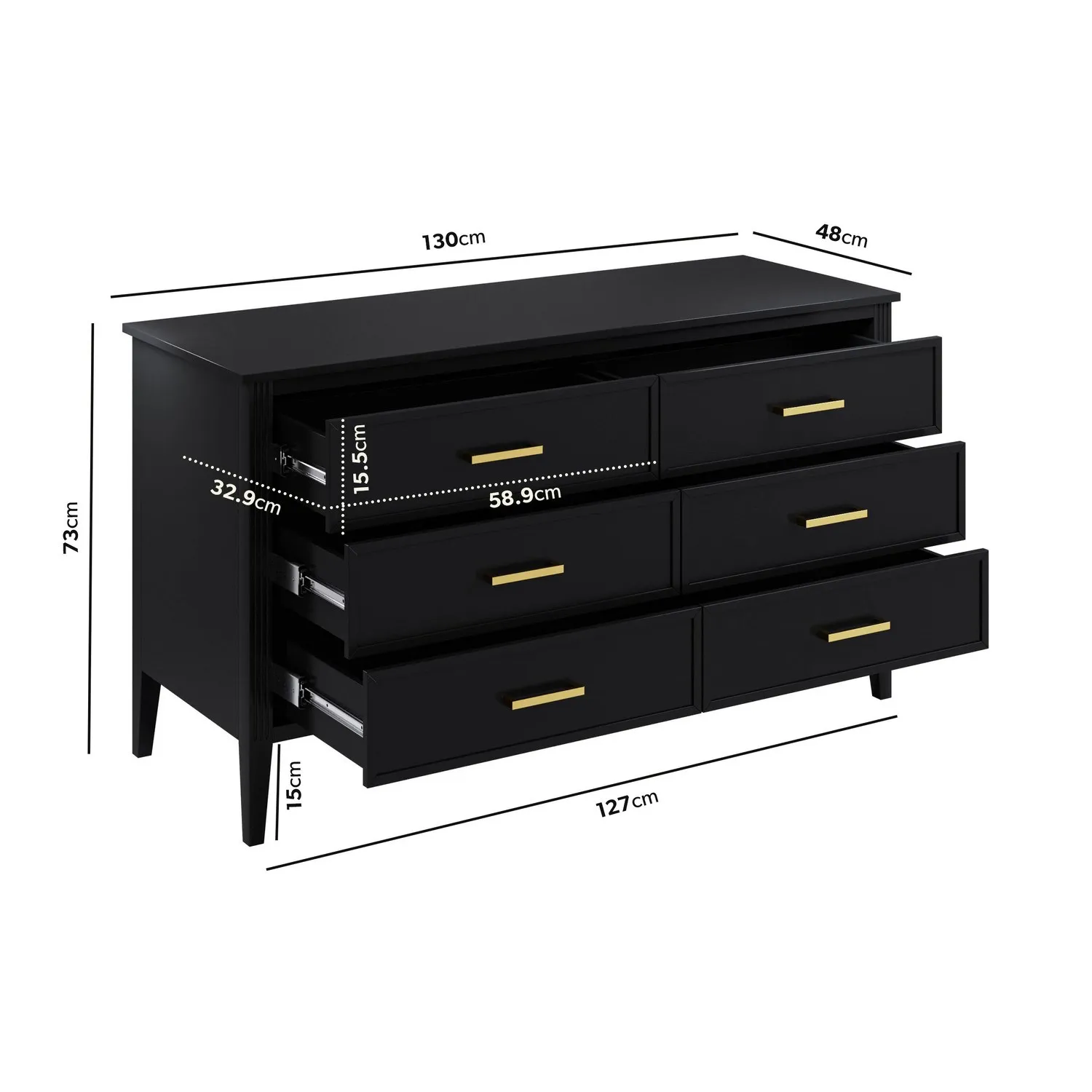 Wide 6-Drawer Chest with Fluted Details - Black