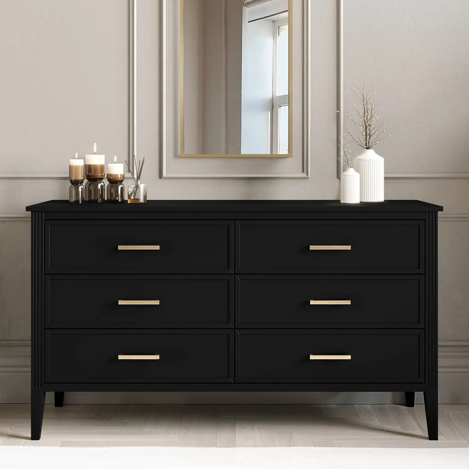 Wide 6-Drawer Chest with Fluted Details - Black image