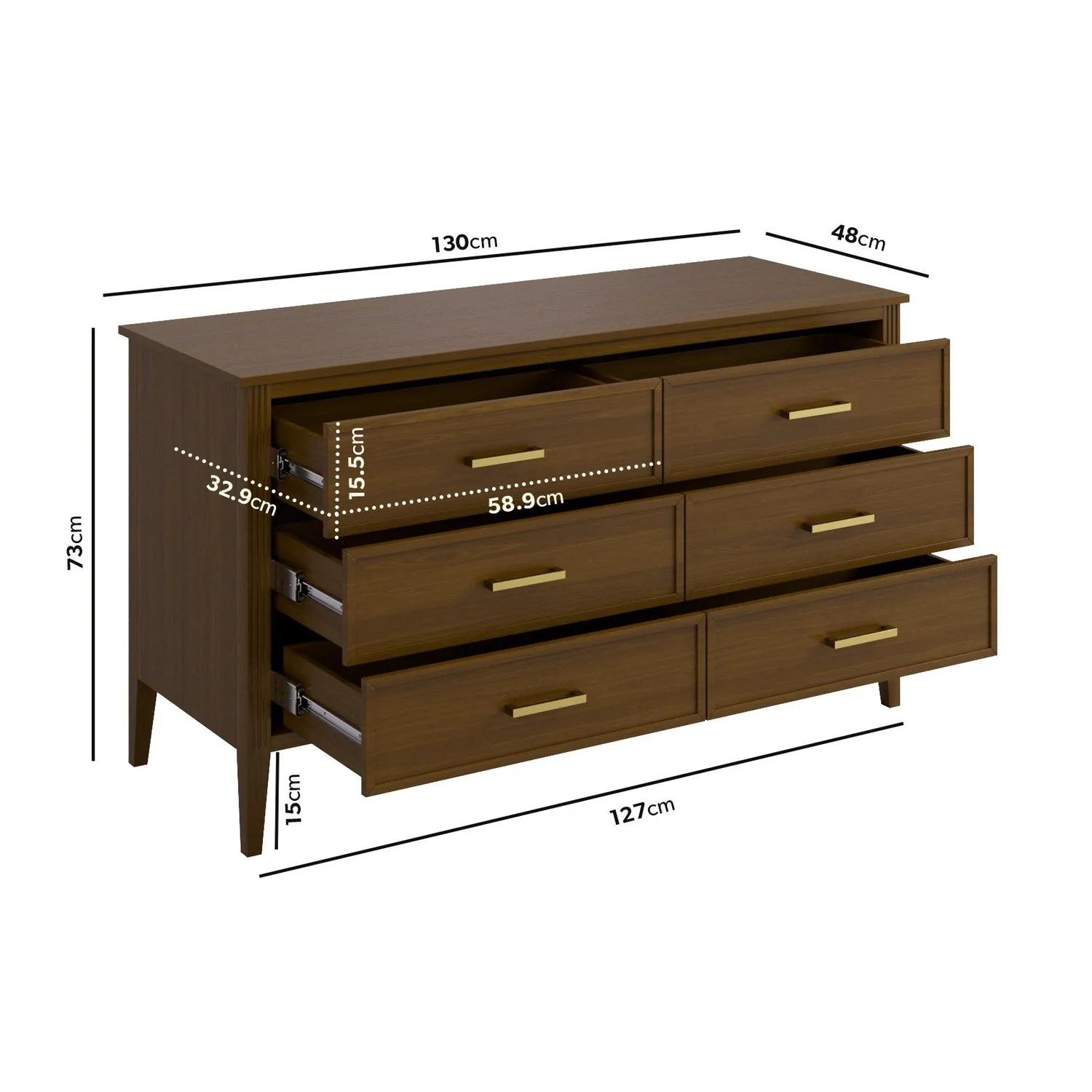 Wide 6-Drawer Chest with Fluted Details - Walnut