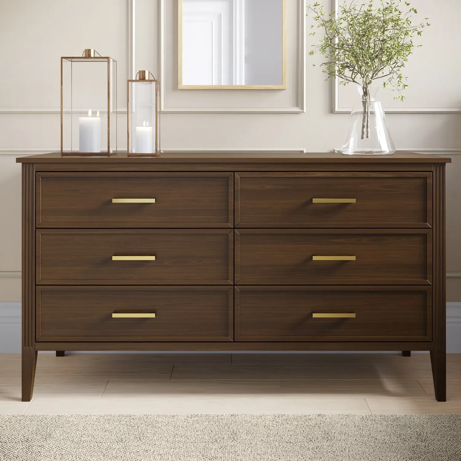 Wide 6-Drawer Chest with Fluted Details - Walnut