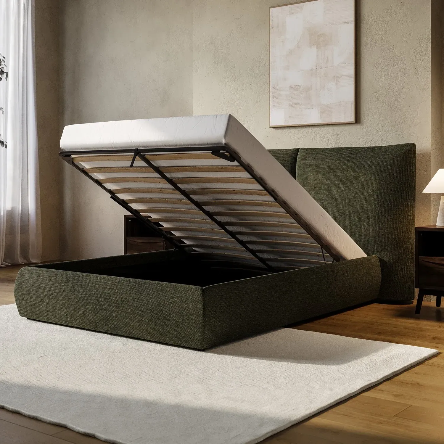 Double Ottoman Bed with Storage - Green, Chenille