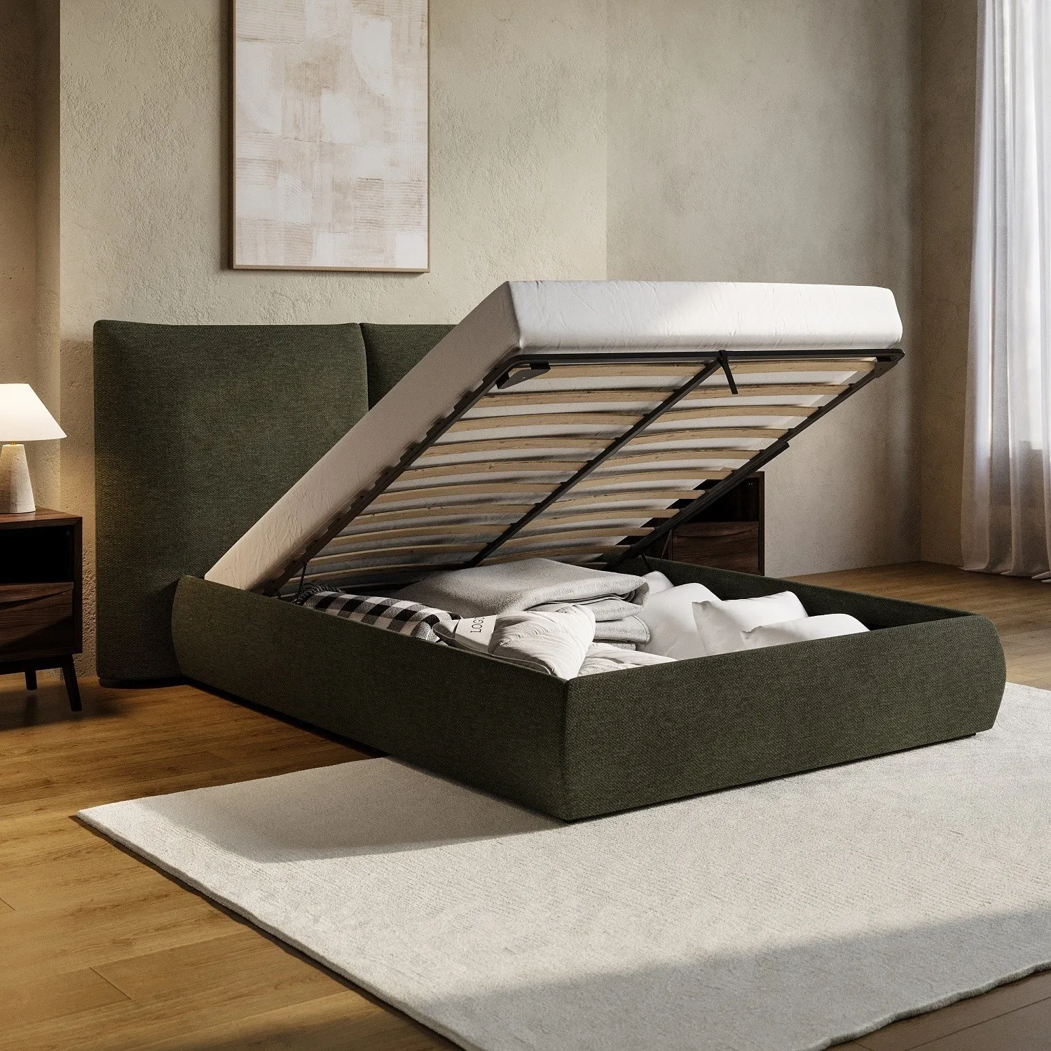 Double Ottoman Bed with Storage - Green, Chenille