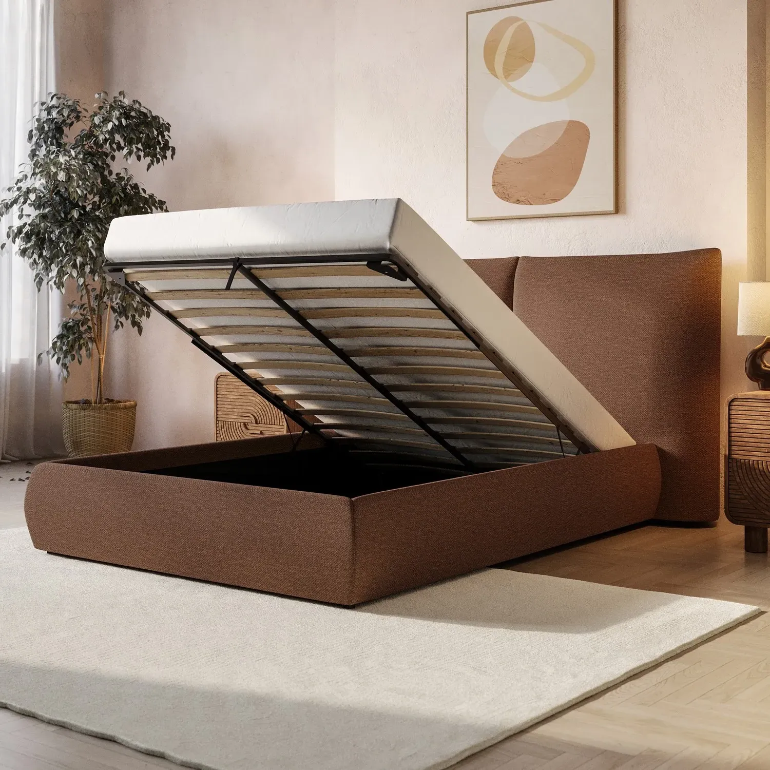 Double Ottoman Bed with Storage - Orange, Chenille