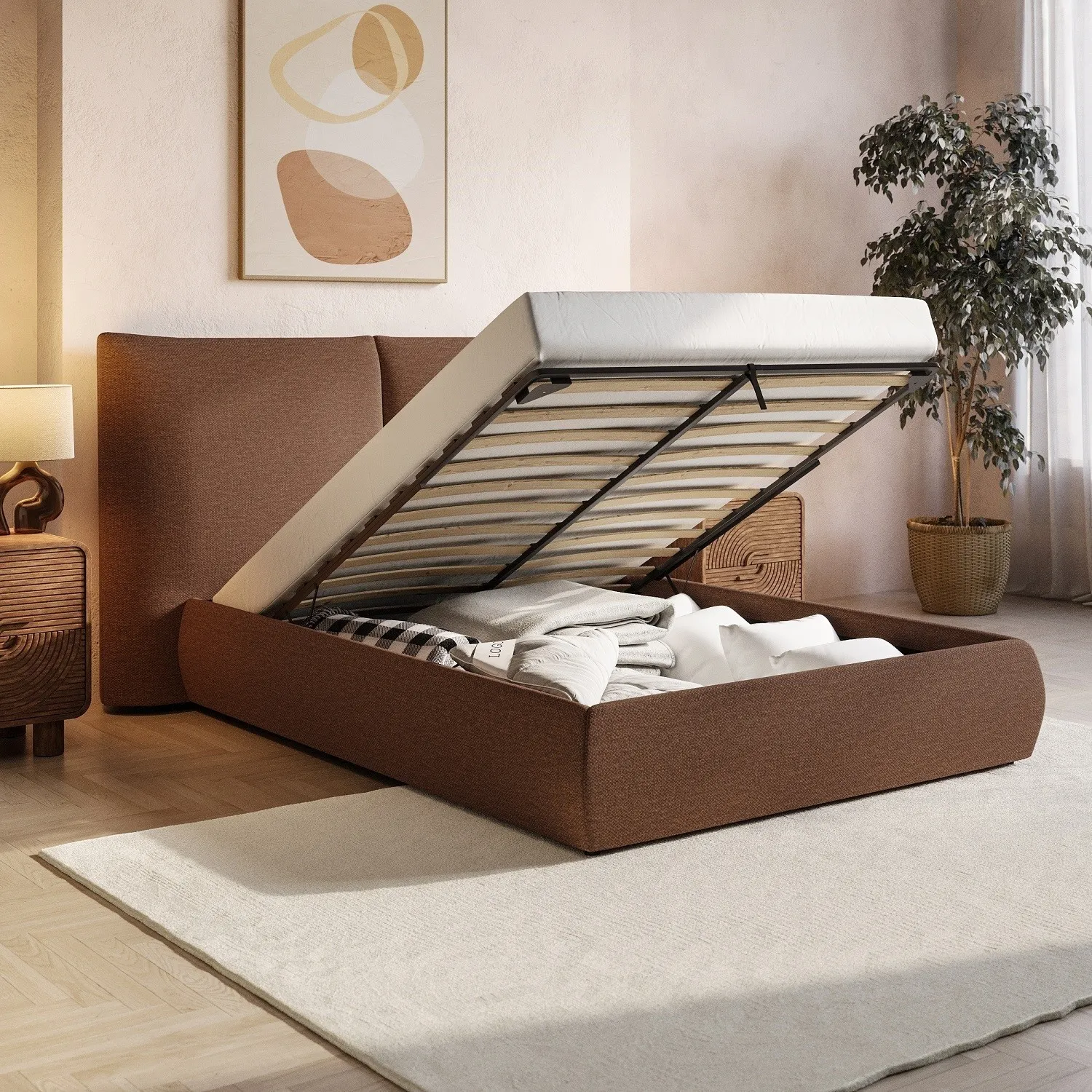 Double Ottoman Bed with Storage - Orange, Chenille