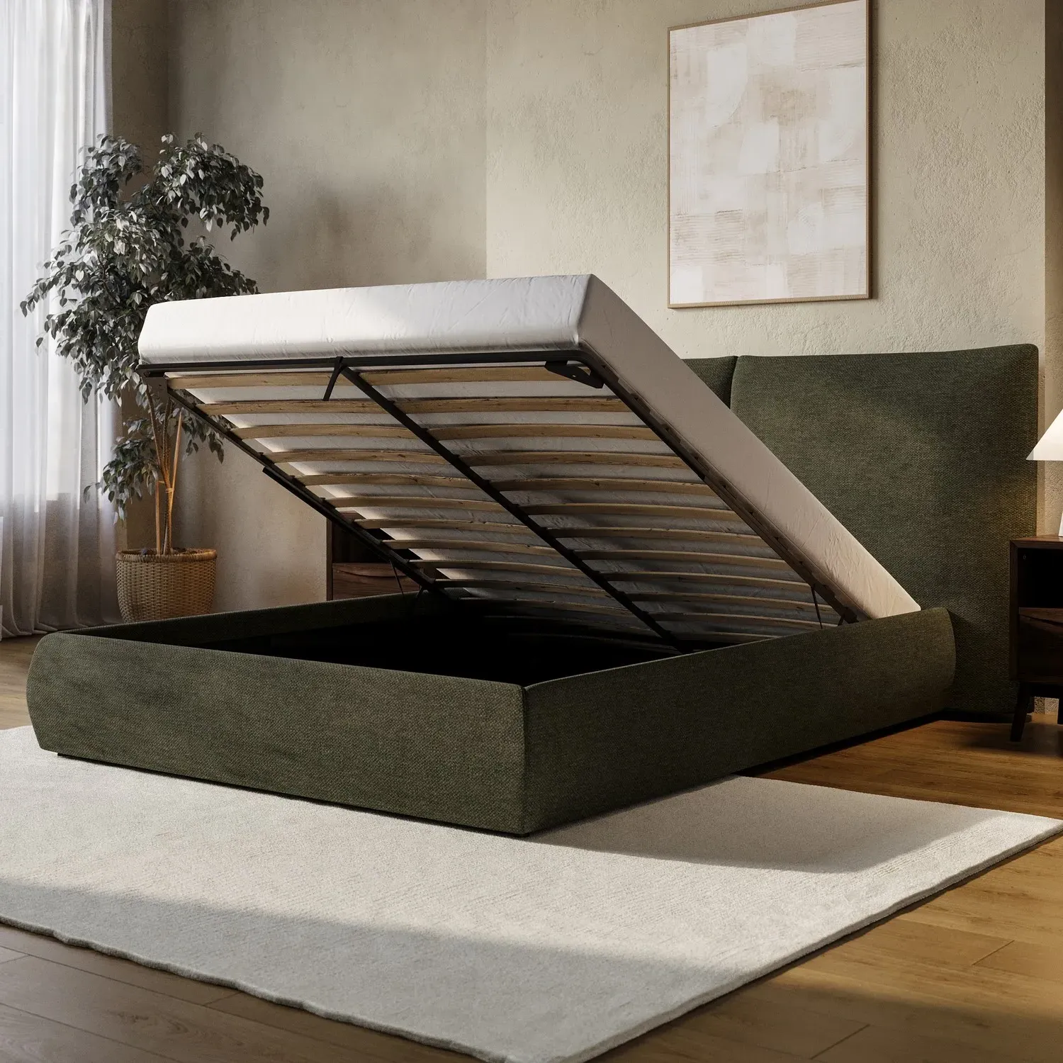 King Size Ottoman Bed with Storage - Green, Chenille