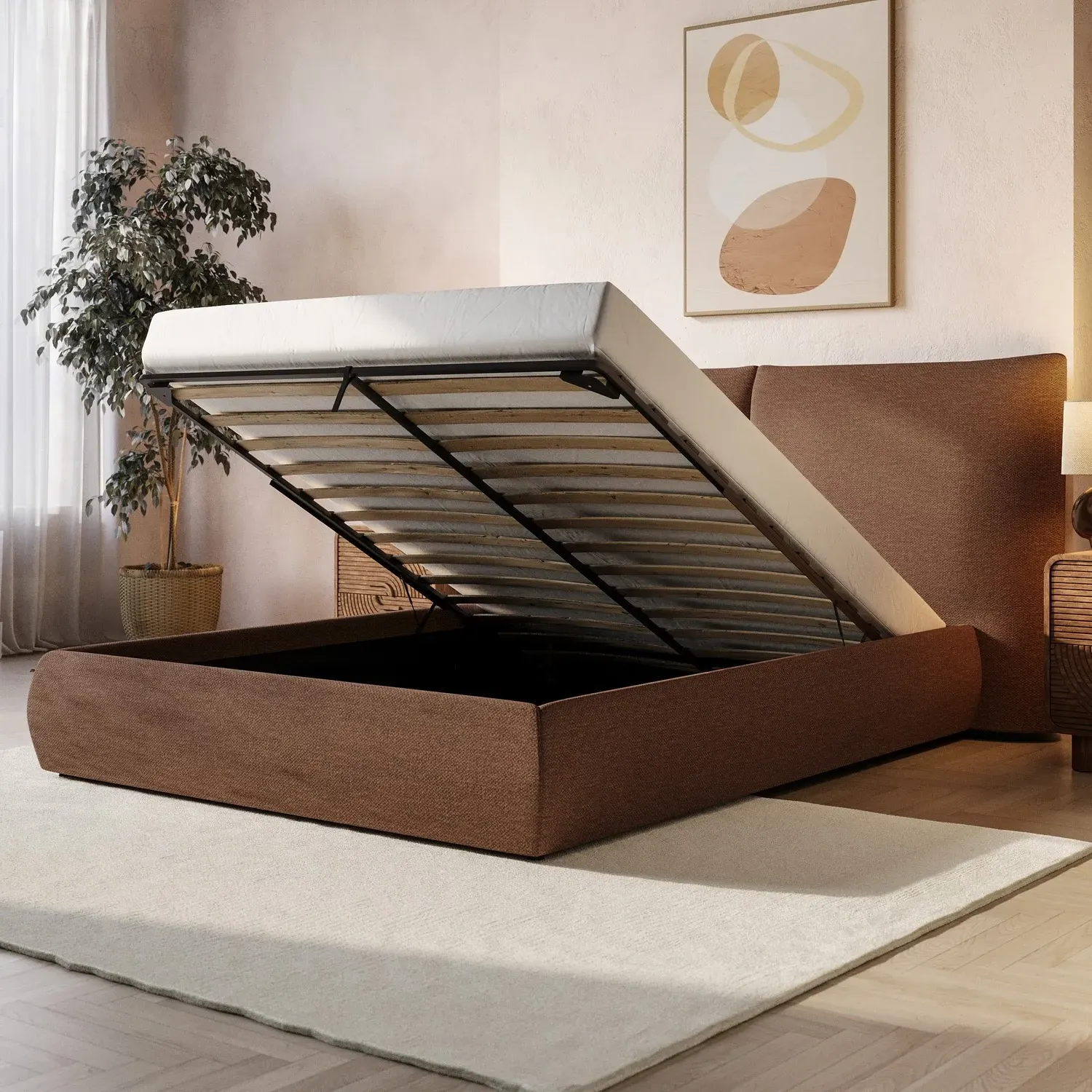King Size Ottoman Bed with Storage - Orange, Chenille