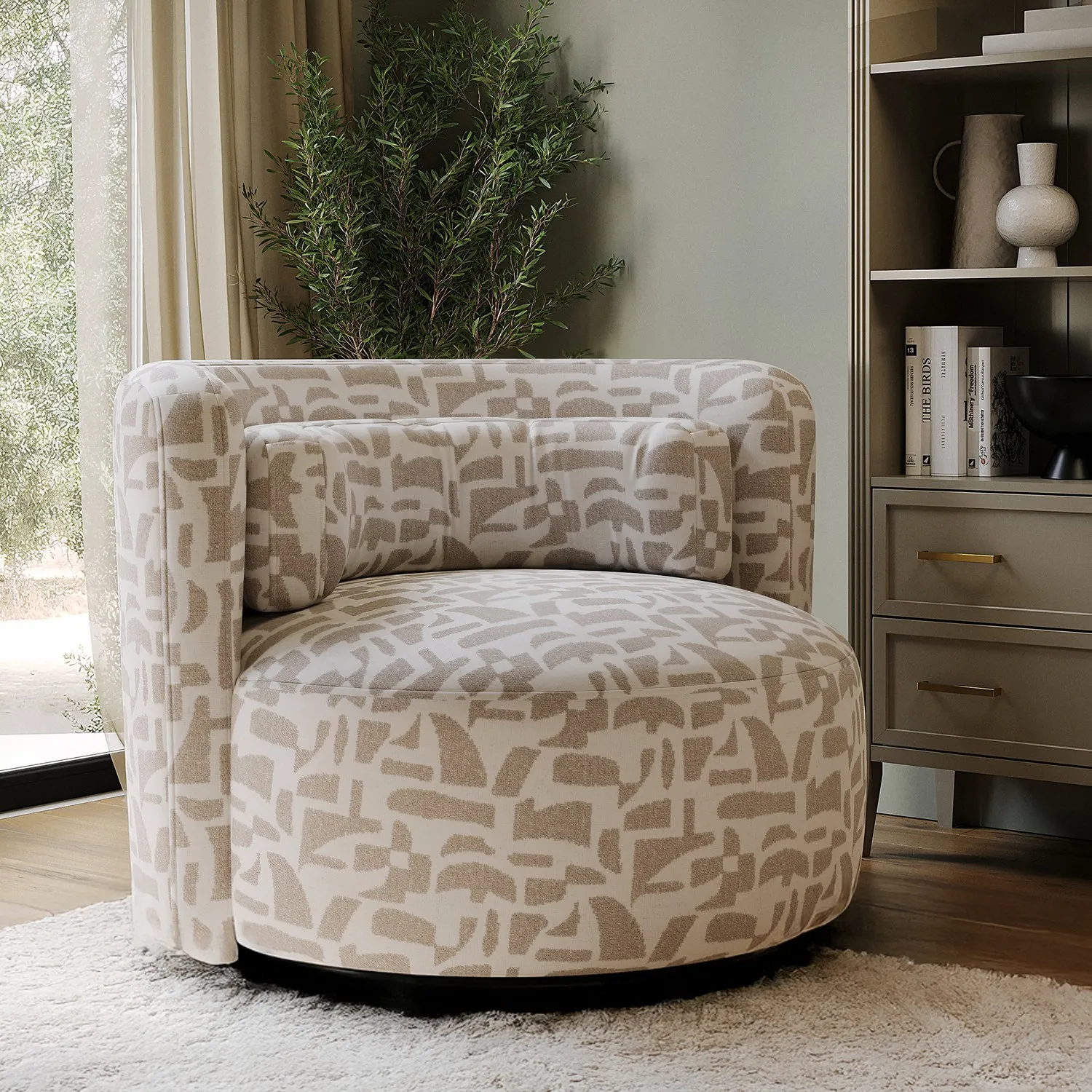 Curved Swivel Love Seat - Beige, Jacquard Fabric image