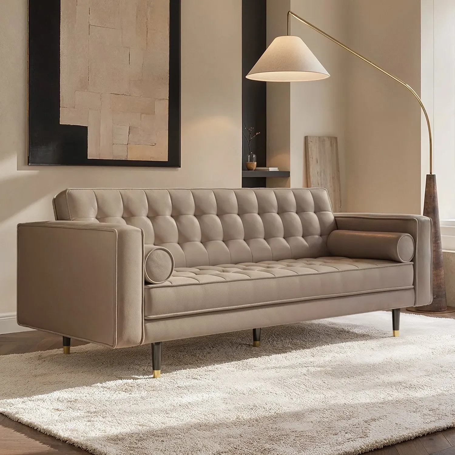 3-Seater Sofa with Button Detail - Beige, Vegan Leather