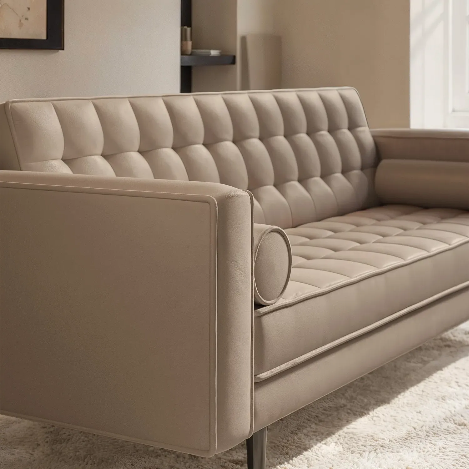 3-Seater Sofa with Button Detail - Beige, Vegan Leather