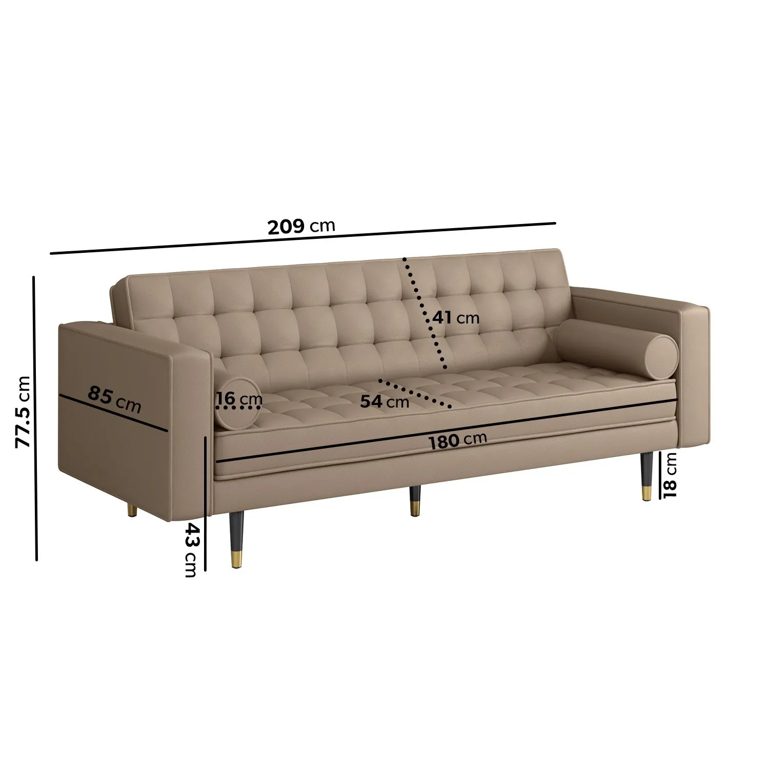 3-Seater Sofa with Button Detail - Beige, Vegan Leather