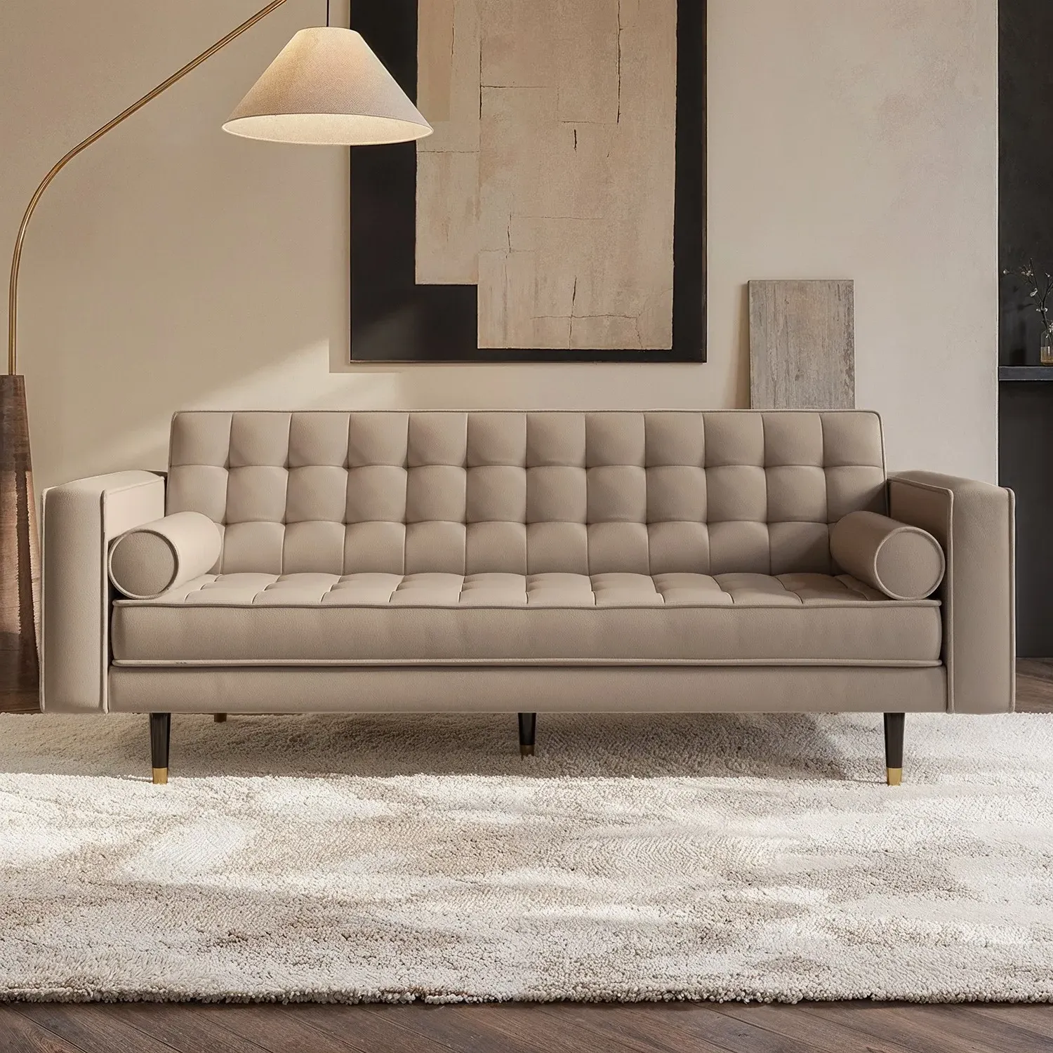 3-Seater Sofa with Button Detail - Beige, Vegan Leather image