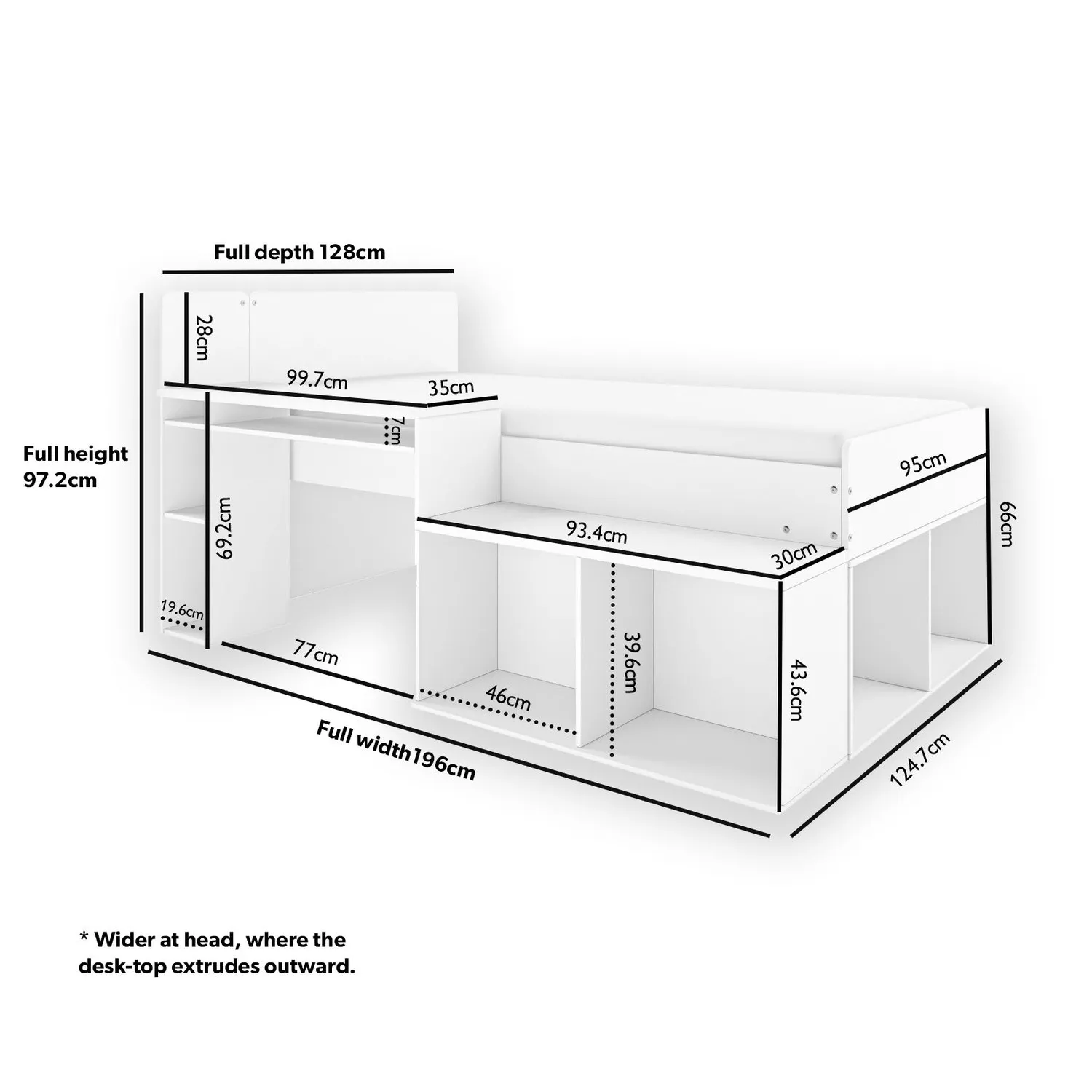 Mid-Sleeper Cabin Bed with Desk - White, Wood