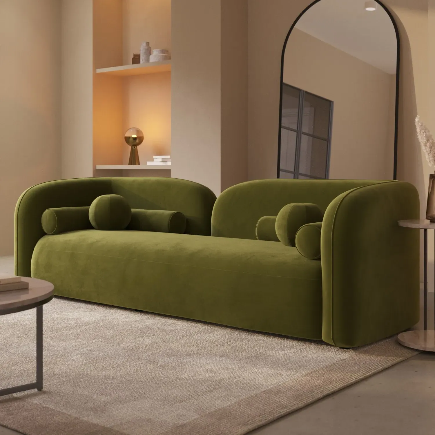 3-Seater Curved Sofa with Deep Cushions - Green, Velvet