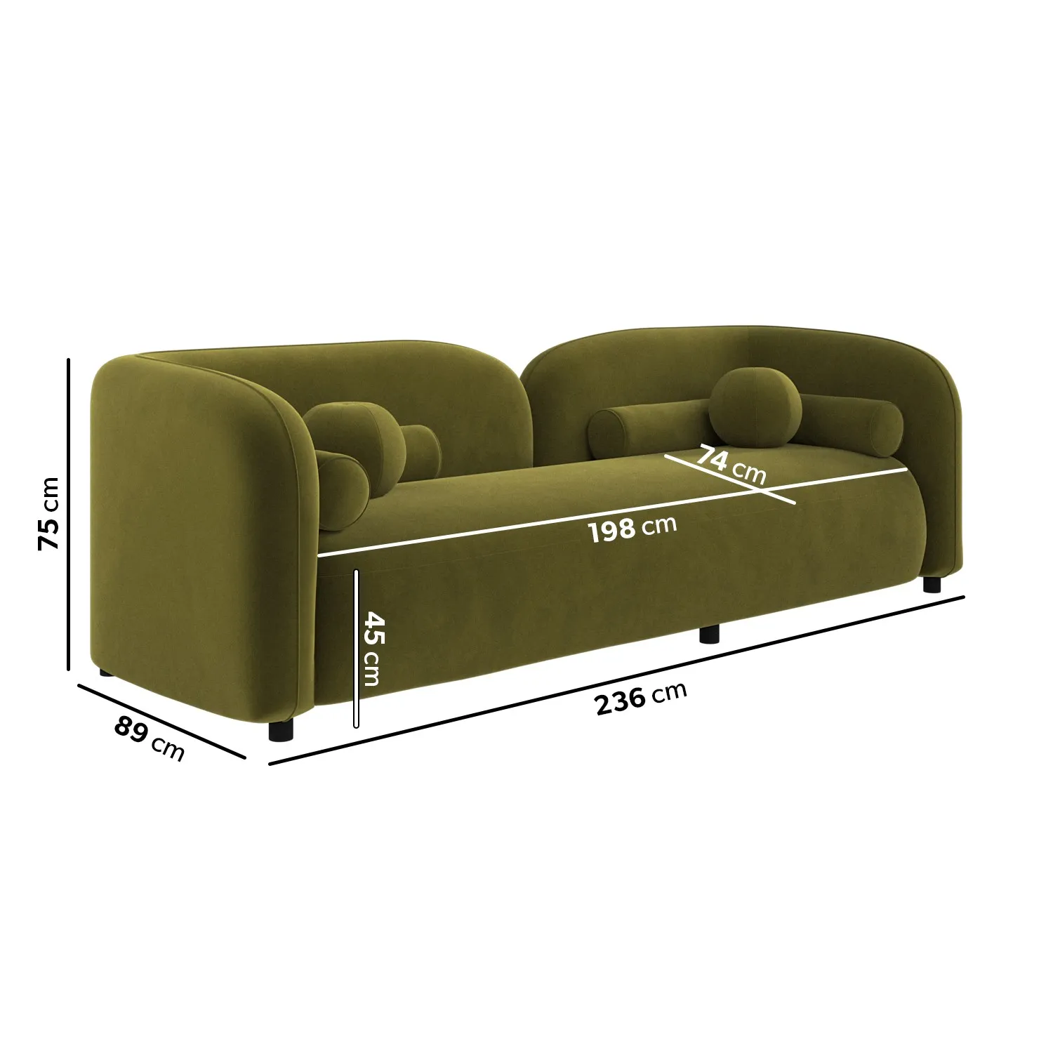 3-Seater Curved Sofa with Deep Cushions - Green, Velvet