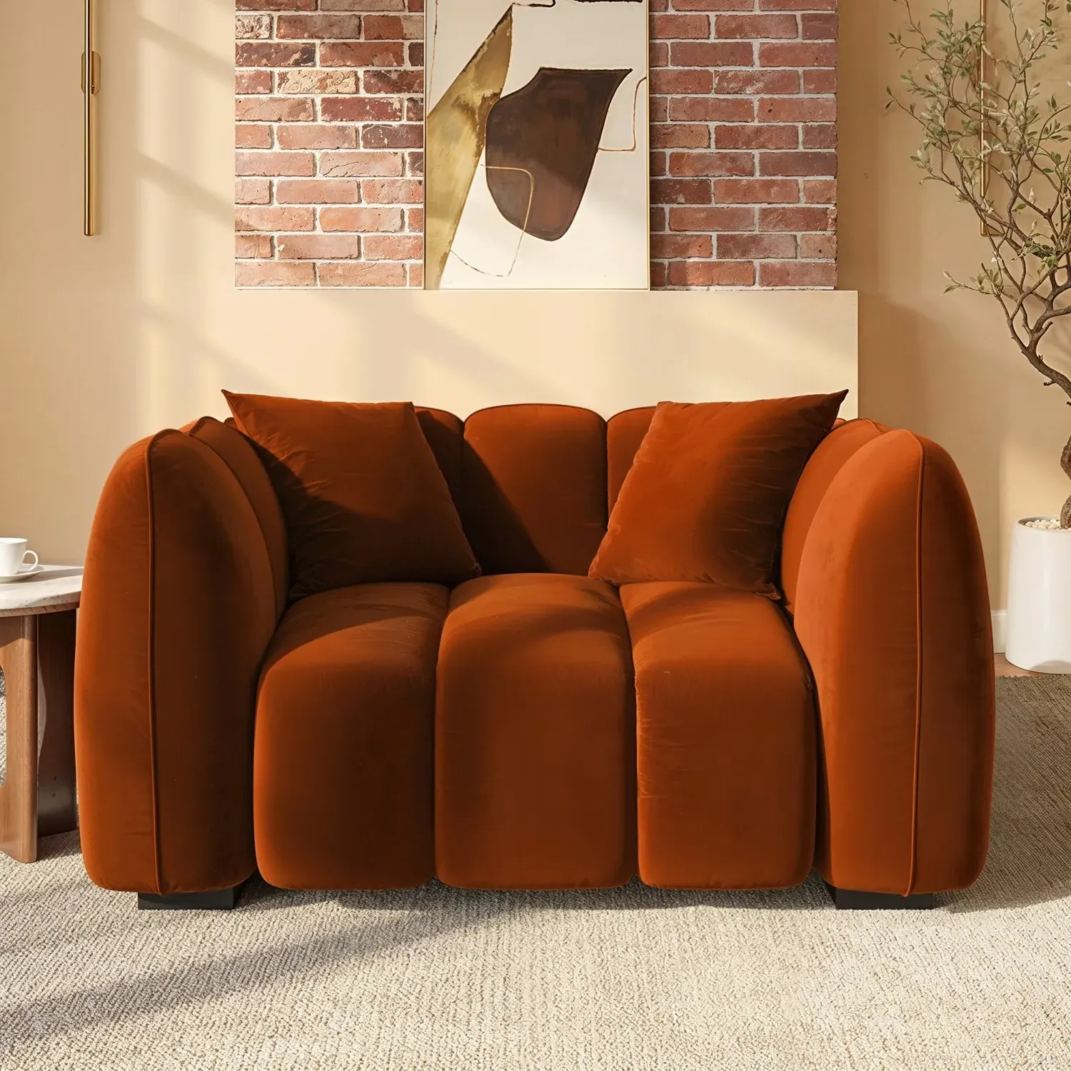 2-Seater Love Seat with Cushions - Orange, Velvet