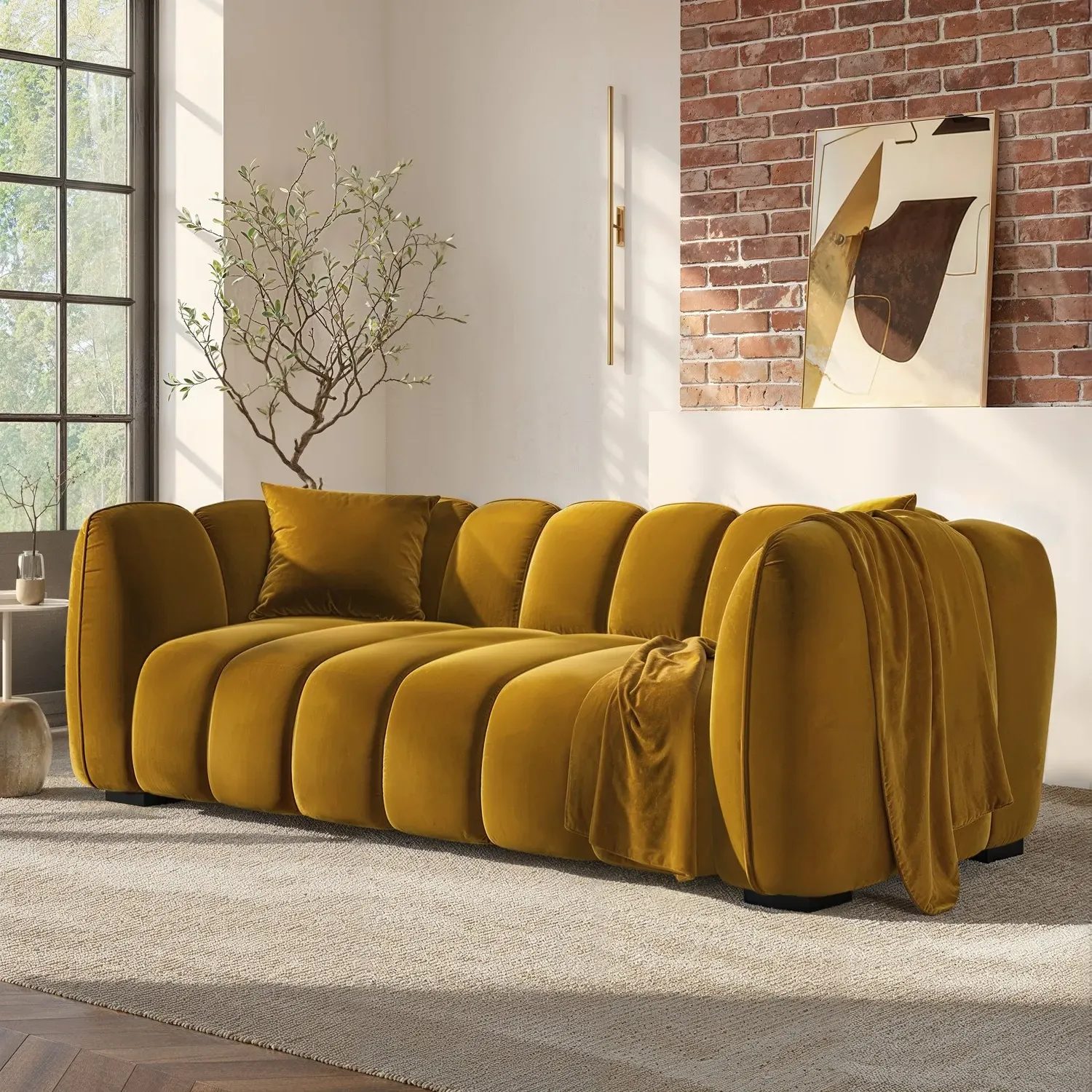3-Seater Sofa with Channel Tufting - Yellow, Velvet