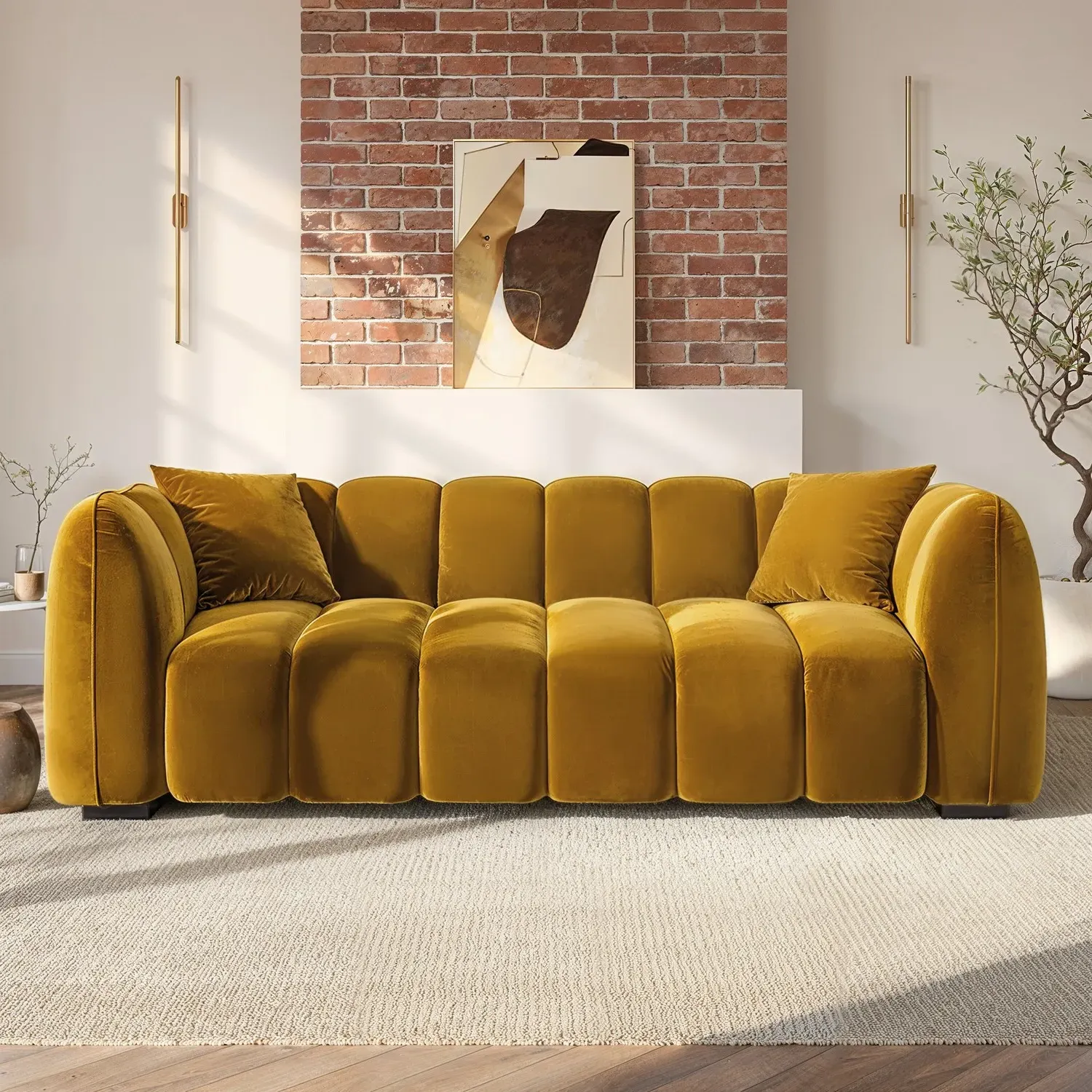 3-Seater Sofa with Channel Tufting - Yellow, Velvet