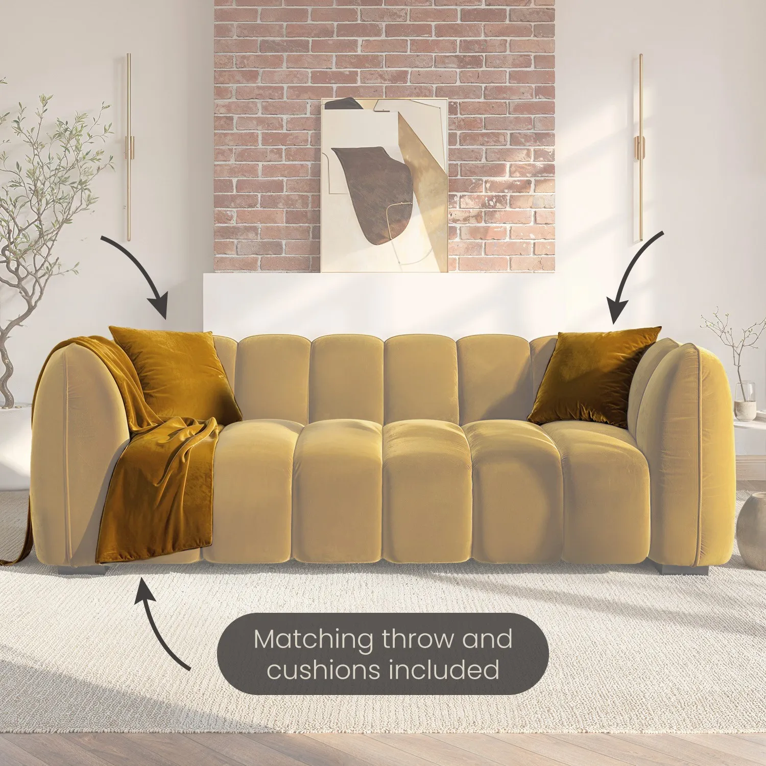 3-Seater Sofa with Channel Tufting - Yellow, Velvet