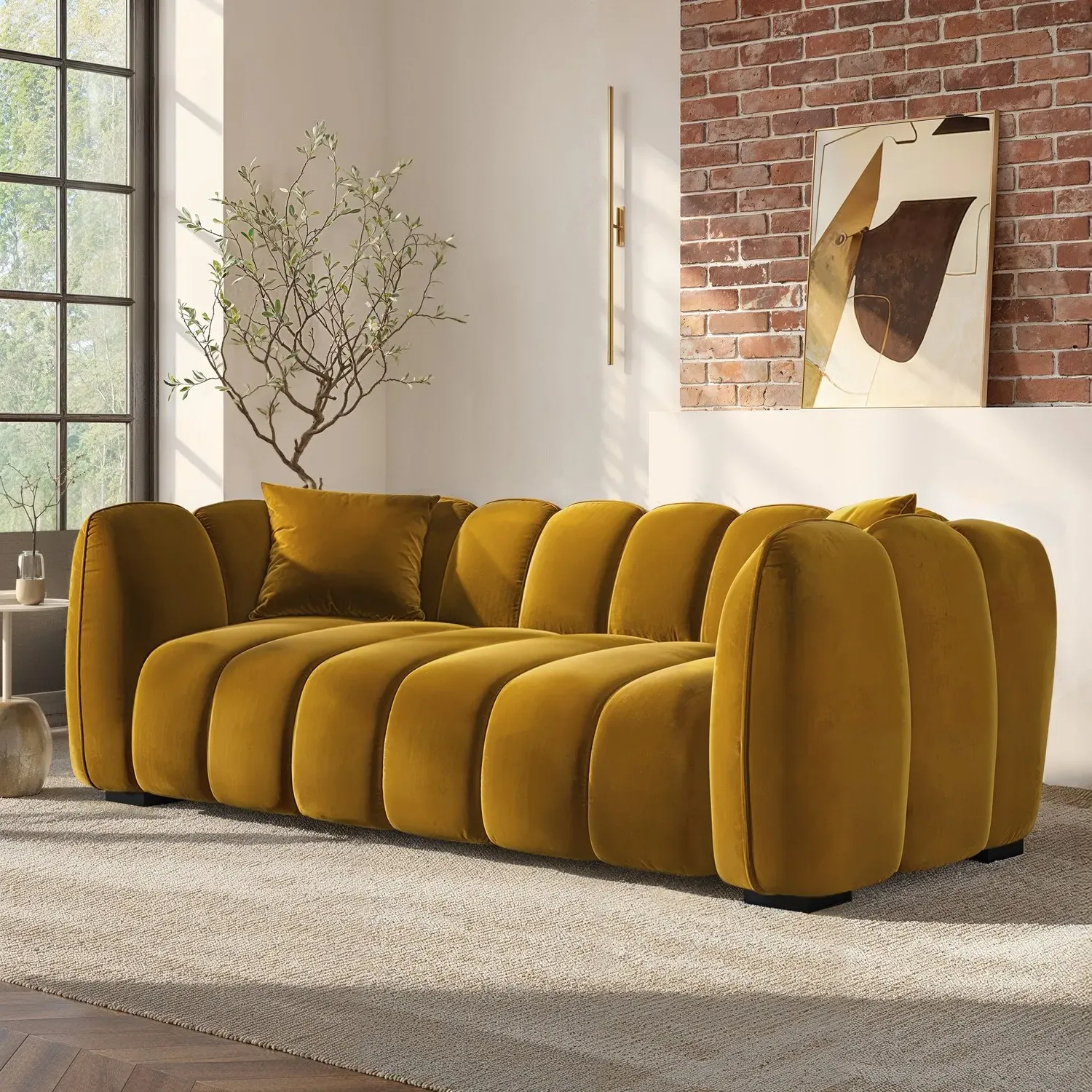3-Seater Sofa with Channel Tufting - Yellow, Velvet