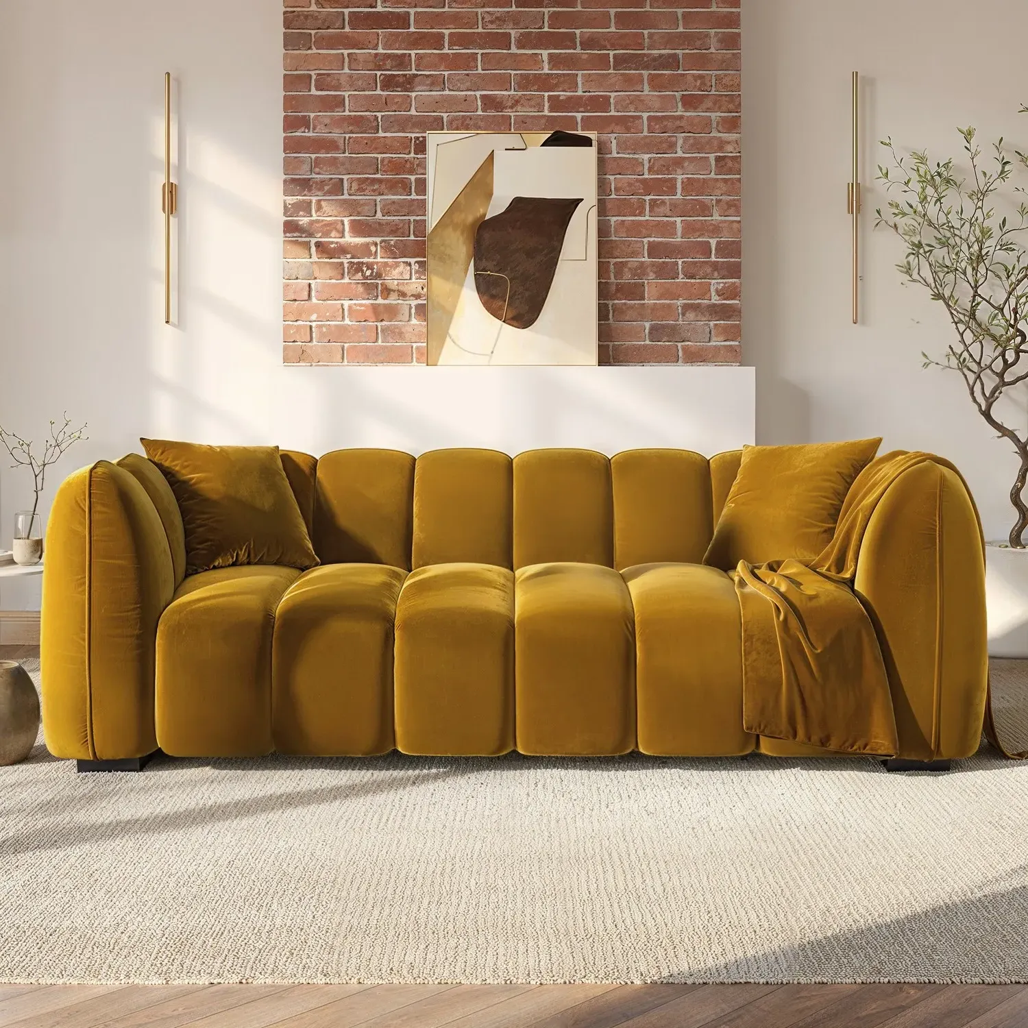 3-Seater Sofa with Channel Tufting - Yellow, Velvet image