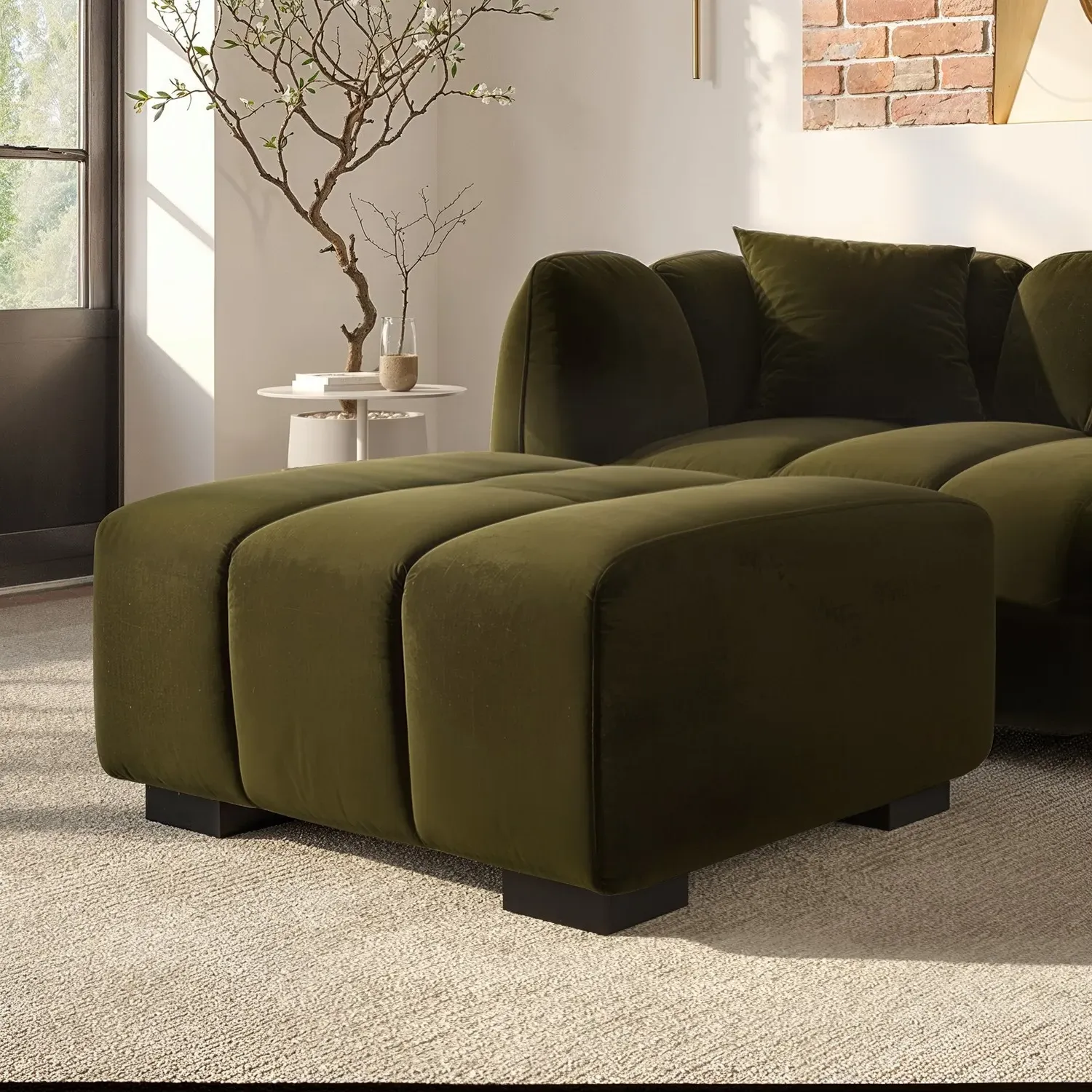 Square Footstool with Tufting - Green, Velvet image
